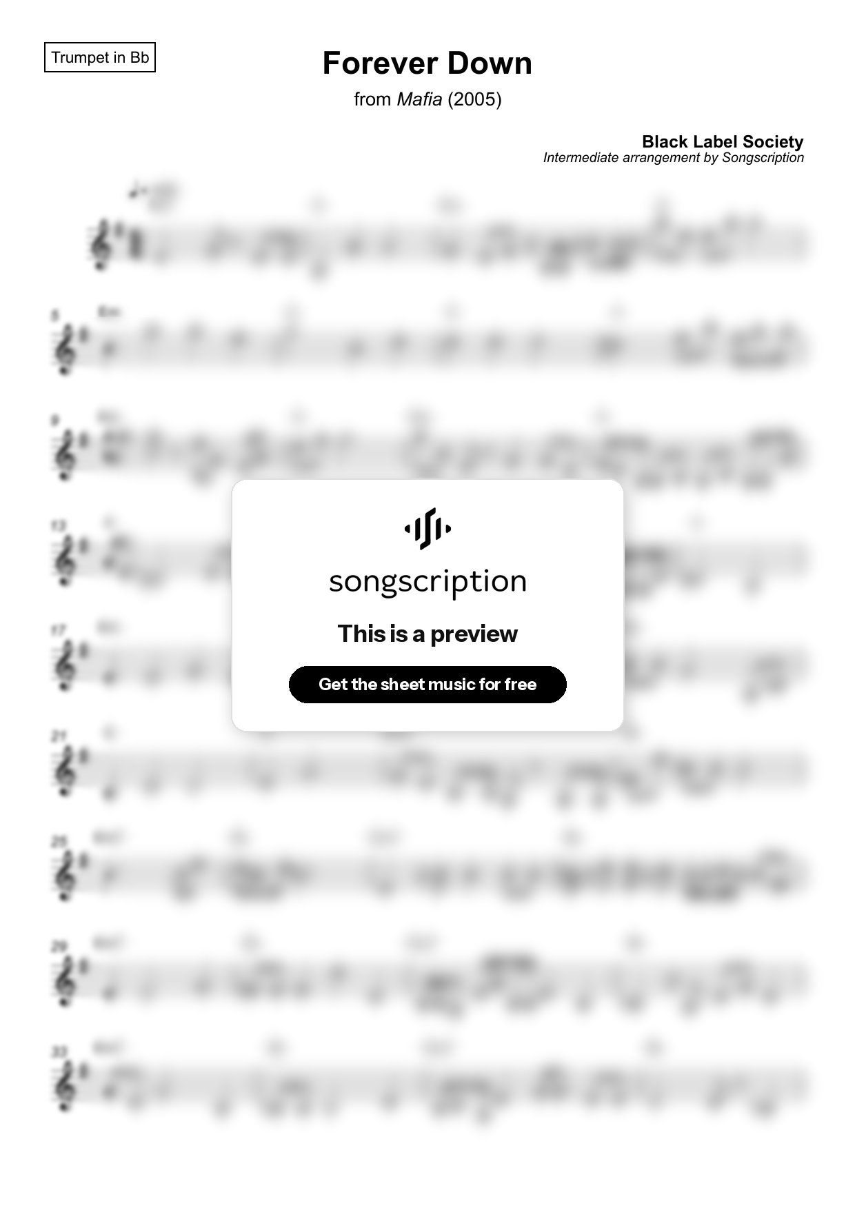 Intermediate Trumpet Sheet Music for "Forever Down" by Black Label Society