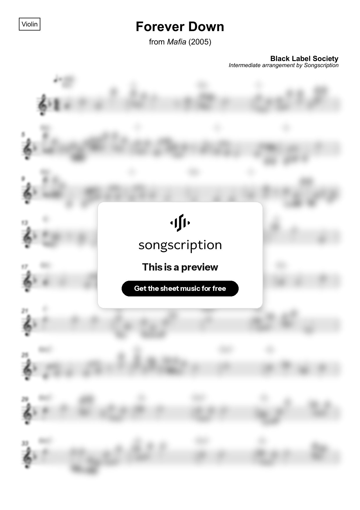 Intermediate Violin Sheet Music for "Forever Down" by Black Label Society