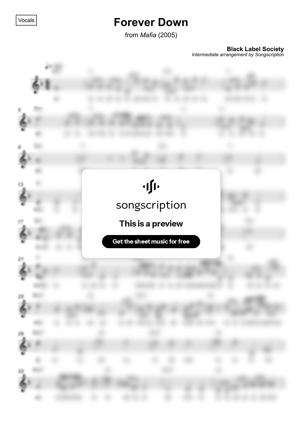 Intermediate Vocals Sheet Music for "Forever Down" by Black Label Society