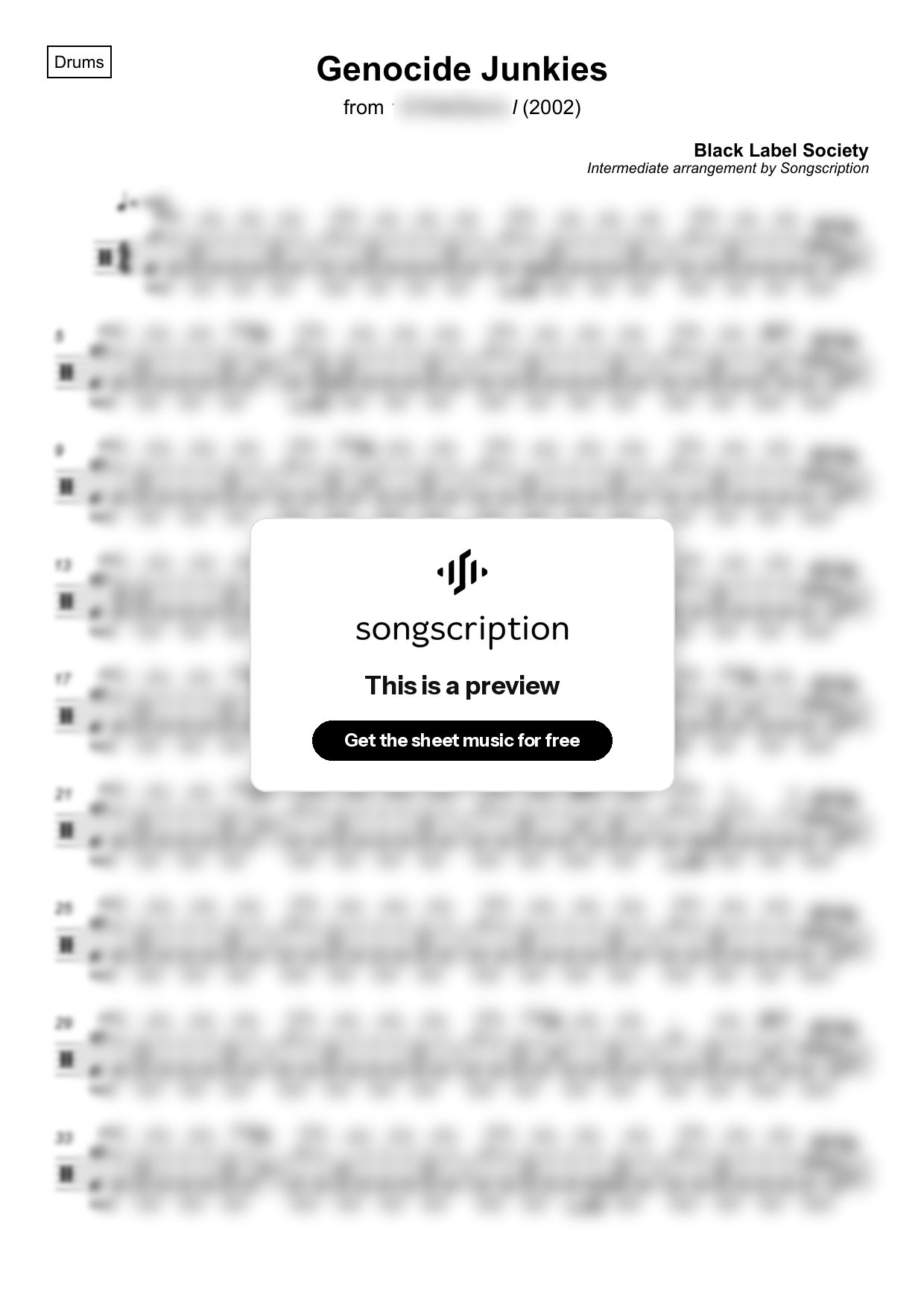 Intermediate Drums Sheet Music for "Genocide Junkies" by Black Label Society