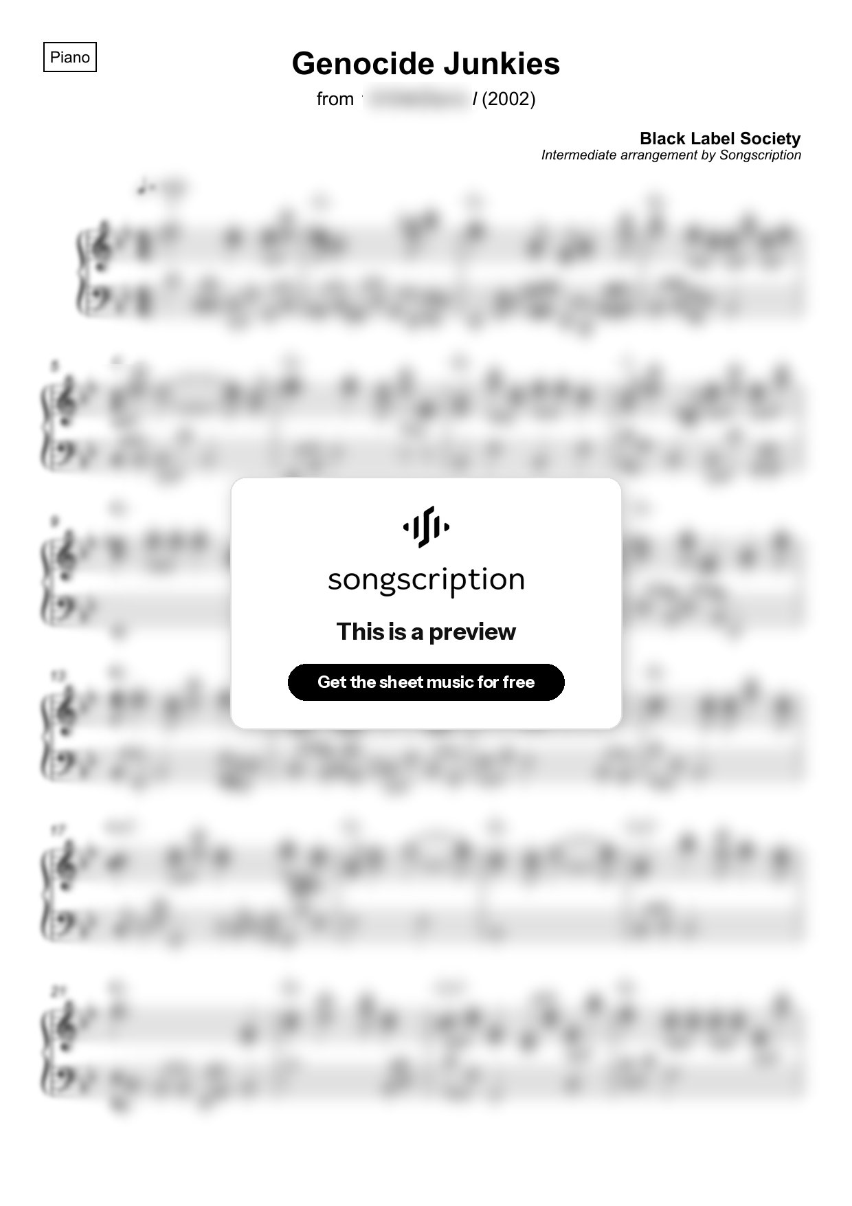 Intermediate Piano Sheet Music for "Genocide Junkies" by Black Label Society