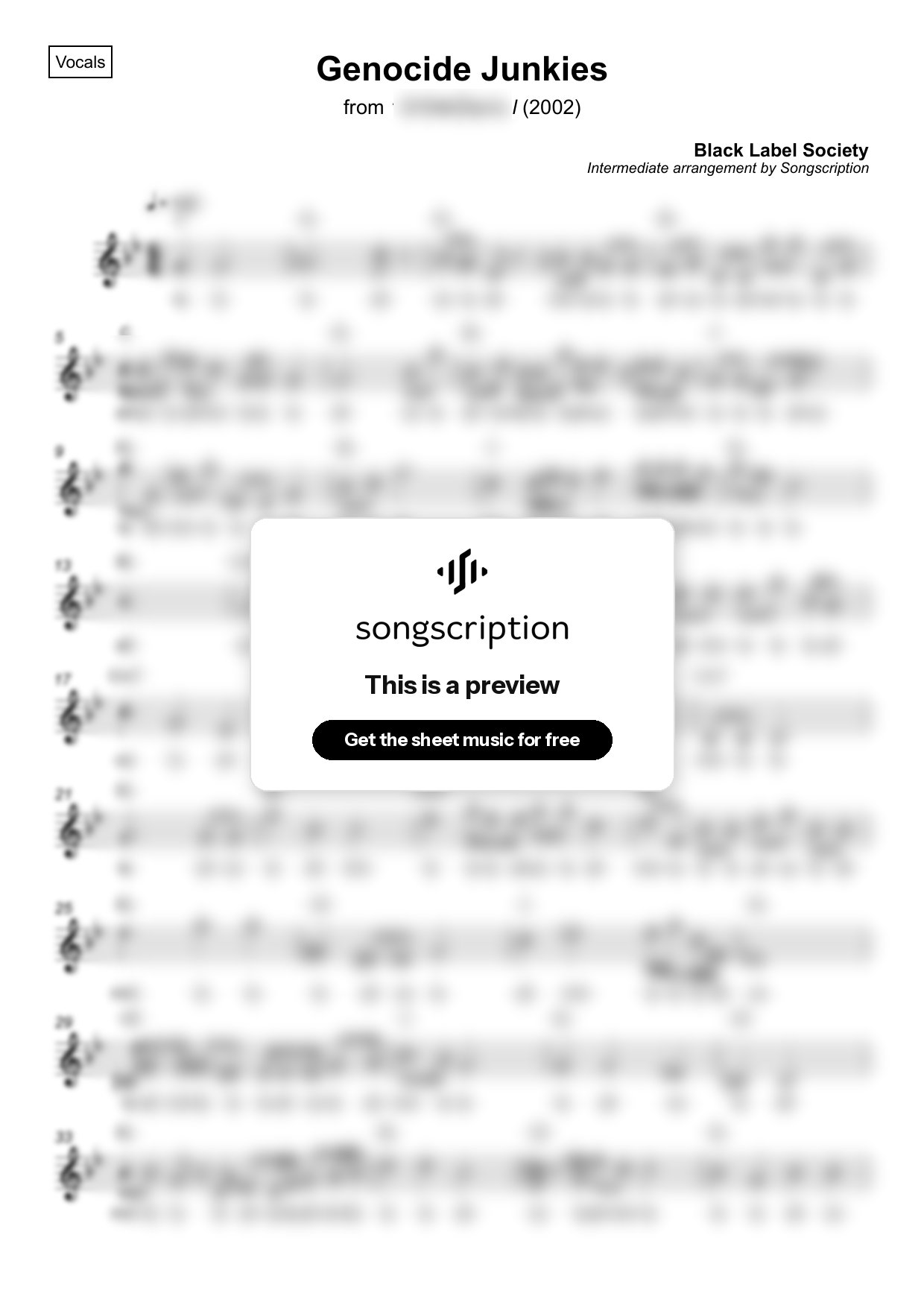 Intermediate Vocals Sheet Music for "Genocide Junkies" by Black Label Society