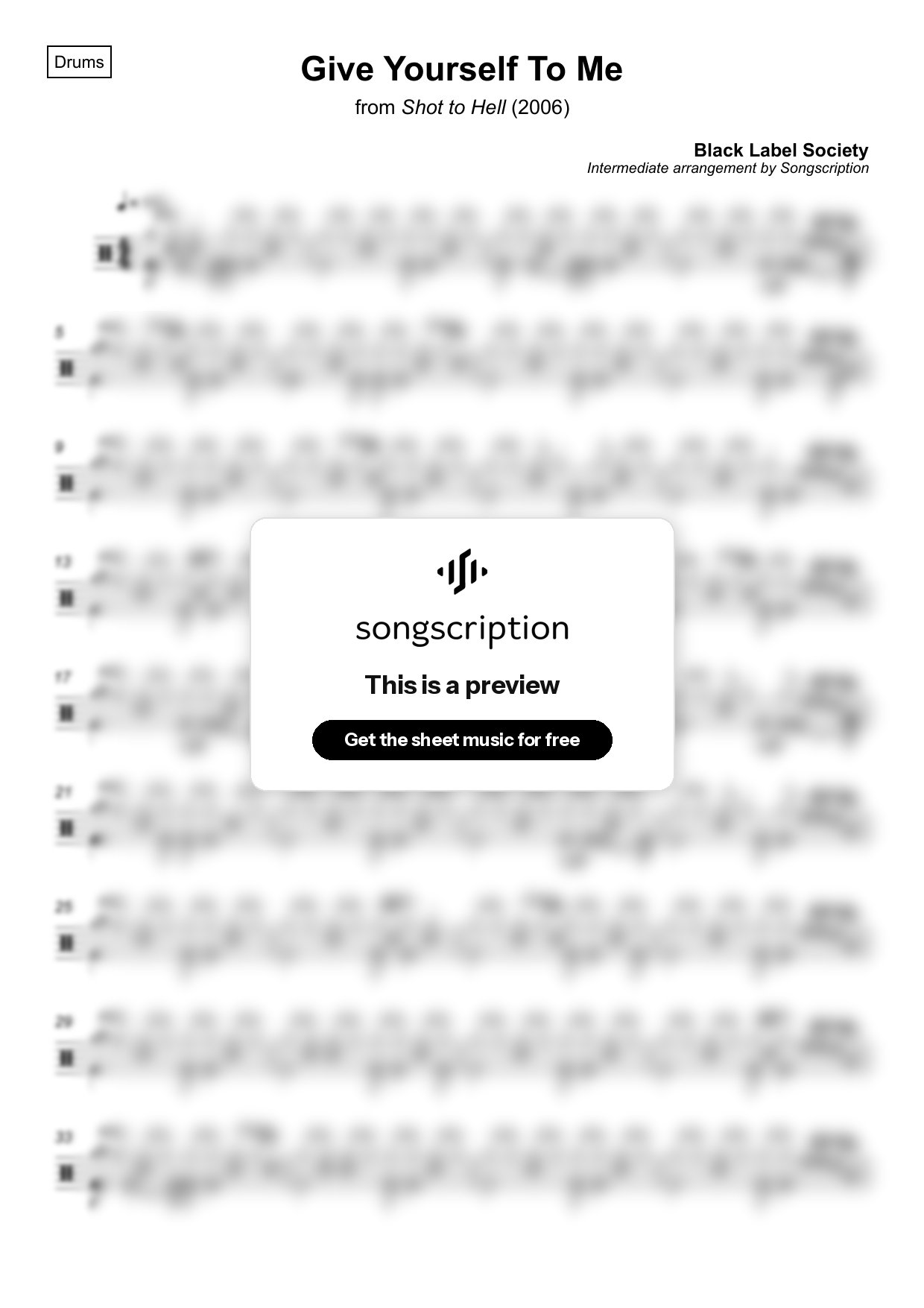 Intermediate Drums Sheet Music for "Give Yourself To Me" by Black Label Society