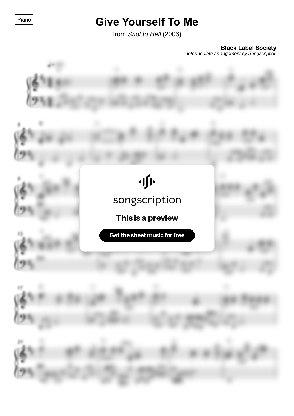 Intermediate Piano Sheet Music for "Give Yourself To Me" by Black Label Society