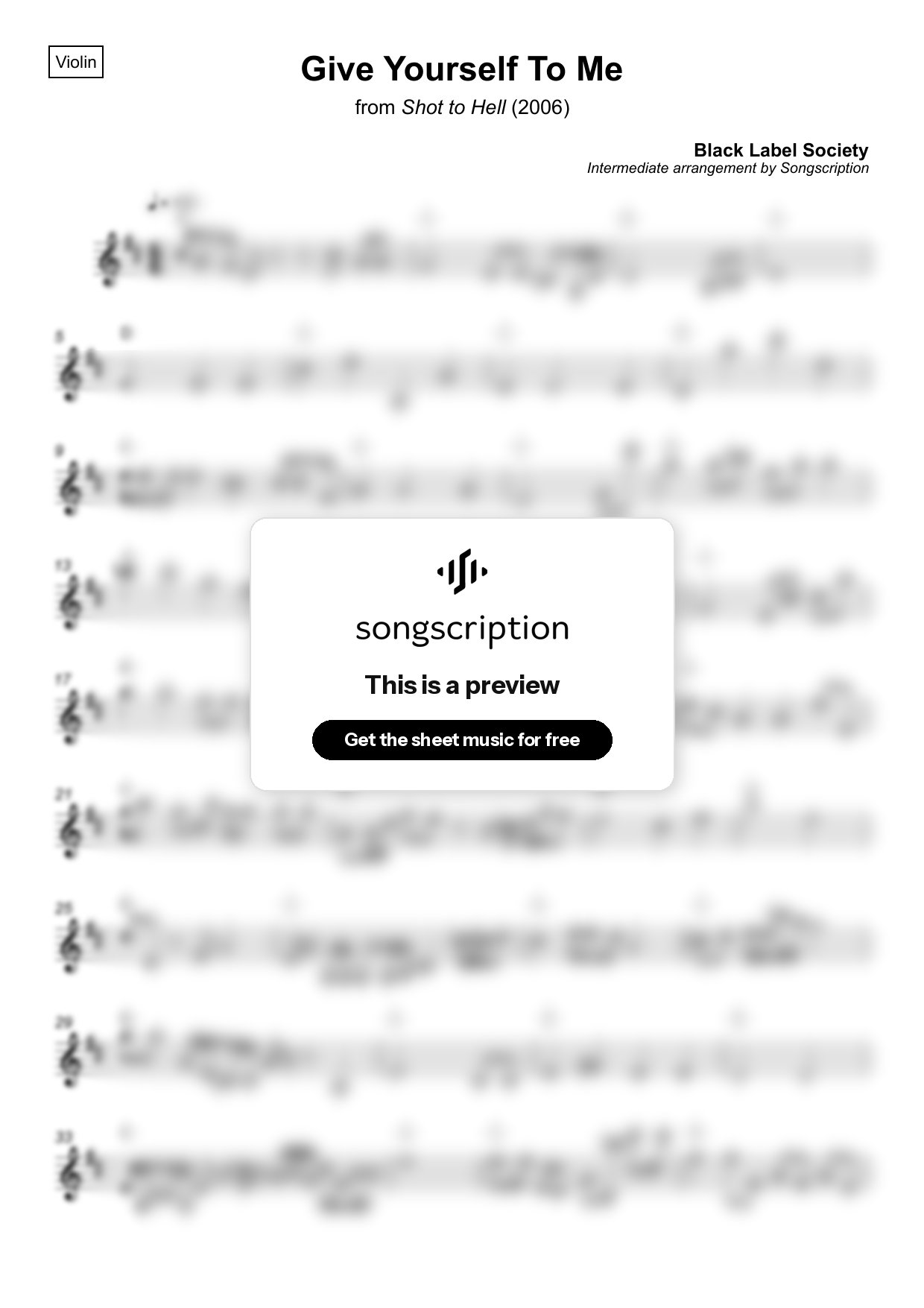 Intermediate Violin Sheet Music for "Give Yourself To Me" by Black Label Society