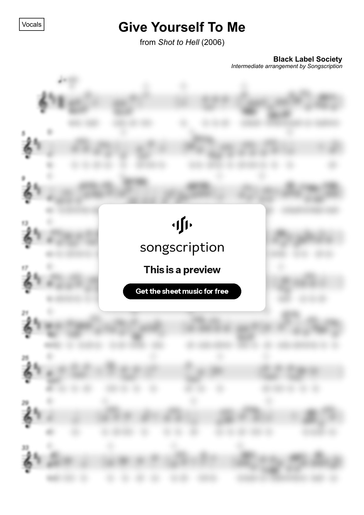 Intermediate Vocals Sheet Music for "Give Yourself To Me" by Black Label Society
