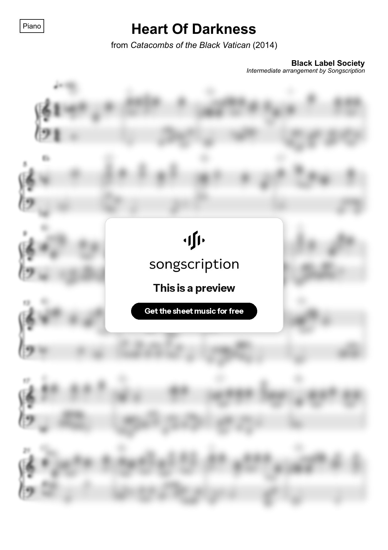Intermediate Piano Sheet Music for "Heart Of Darkness" by Black Label Society