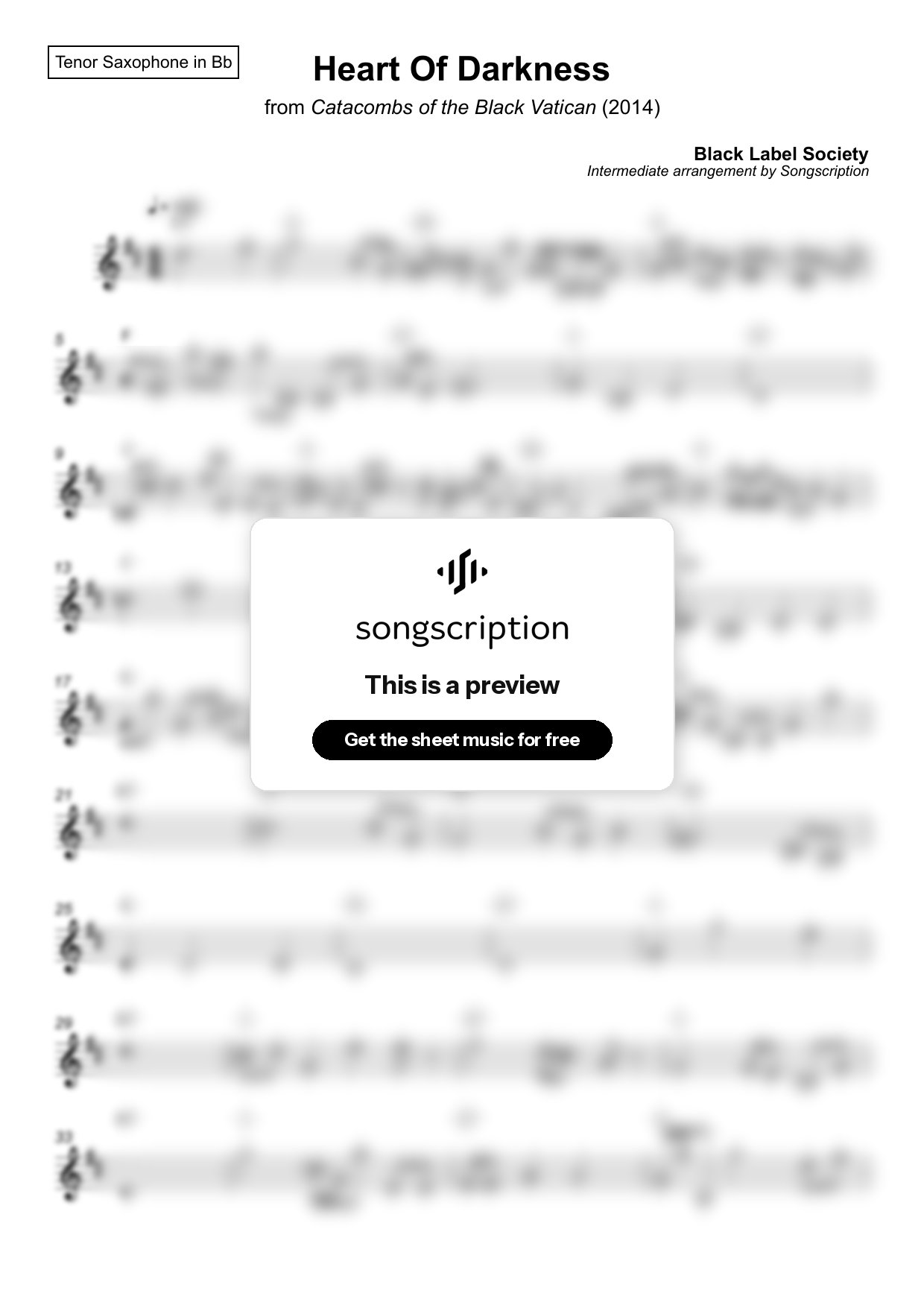 Intermediate Tenor Sax Sheet Music for "Heart Of Darkness" by Black Label Society