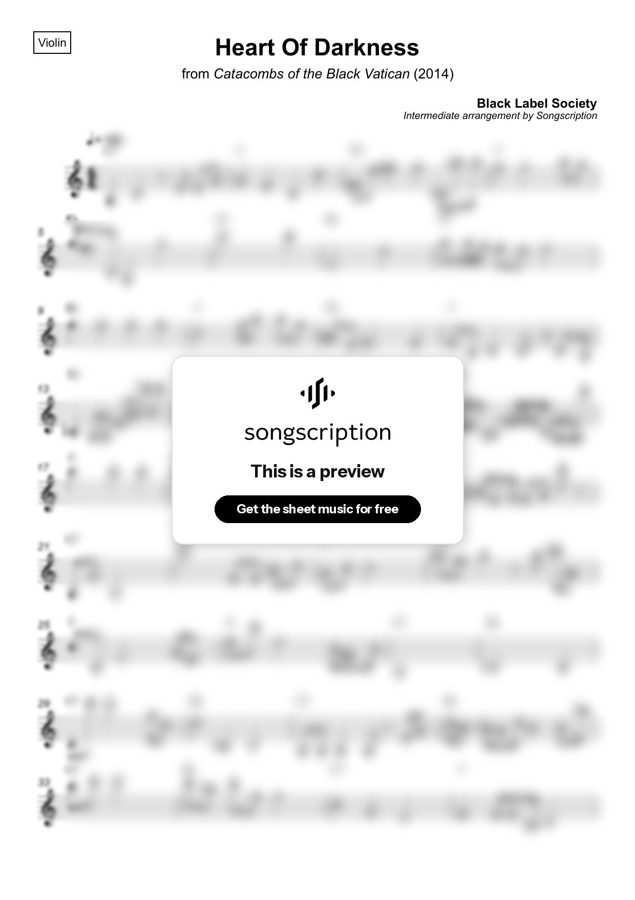 Intermediate Violin Sheet Music for "Heart Of Darkness" by Black Label Society