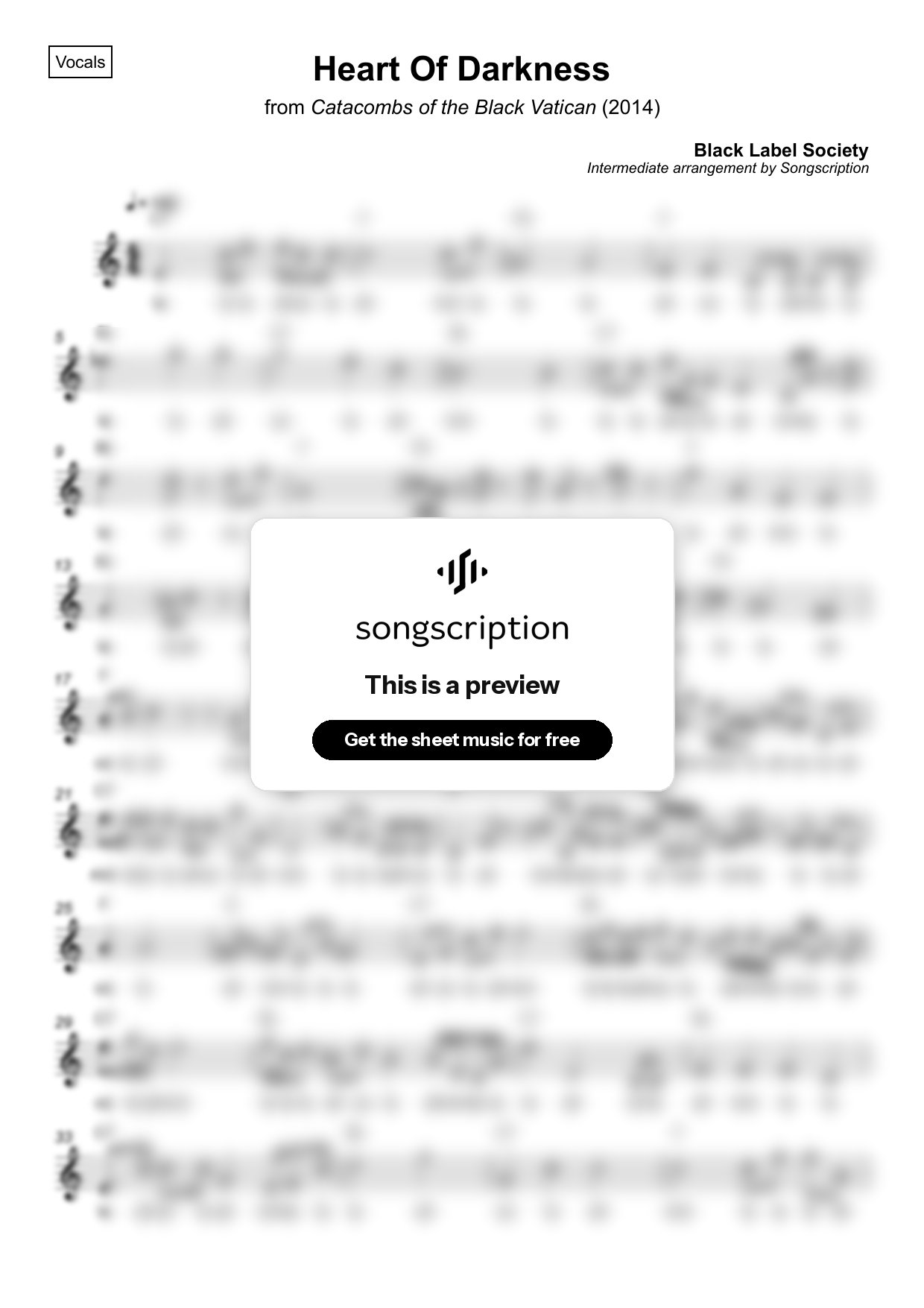 Intermediate Vocals Sheet Music for "Heart Of Darkness" by Black Label Society