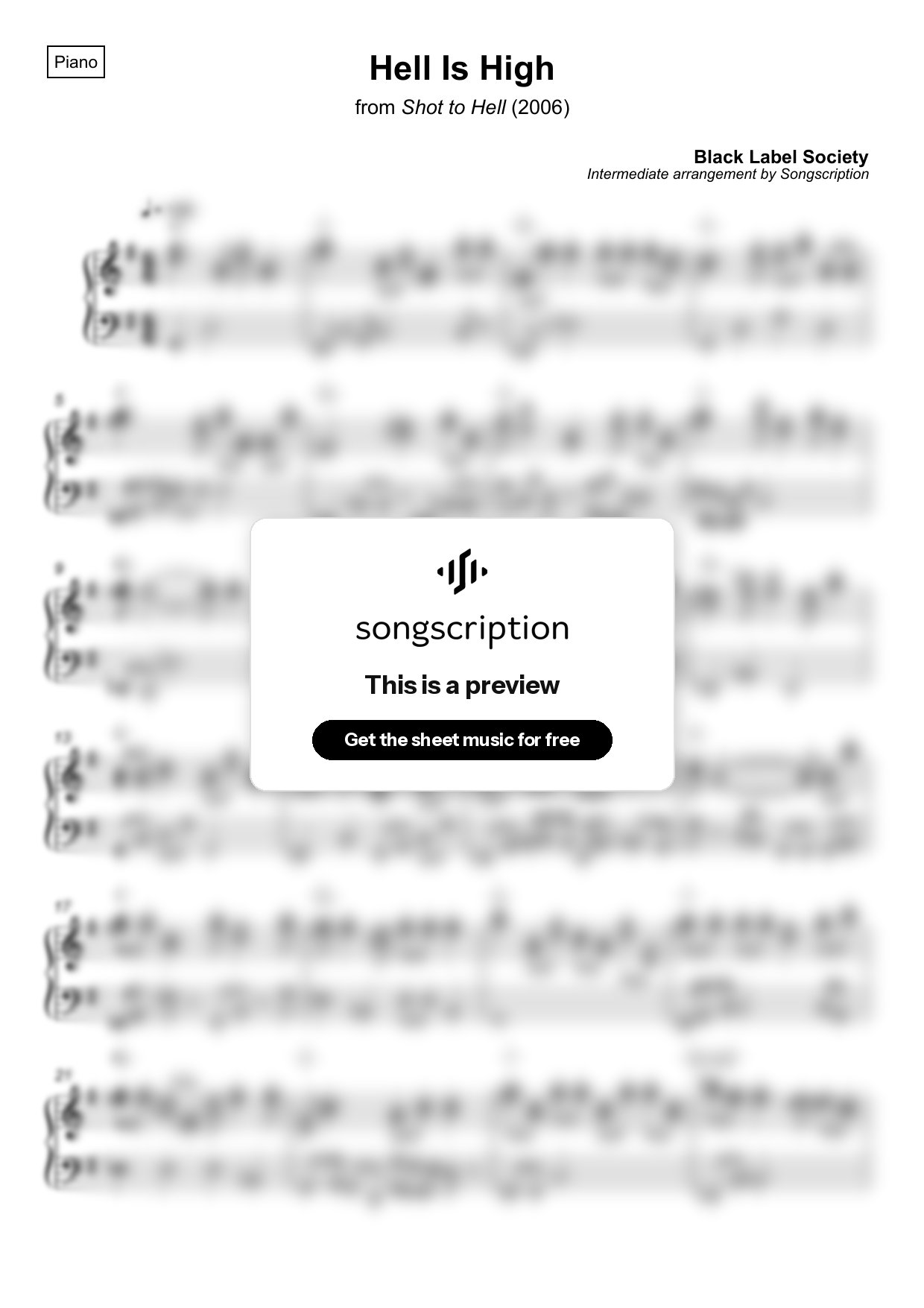 Intermediate Piano Sheet Music for "Hell Is High" by Black Label Society