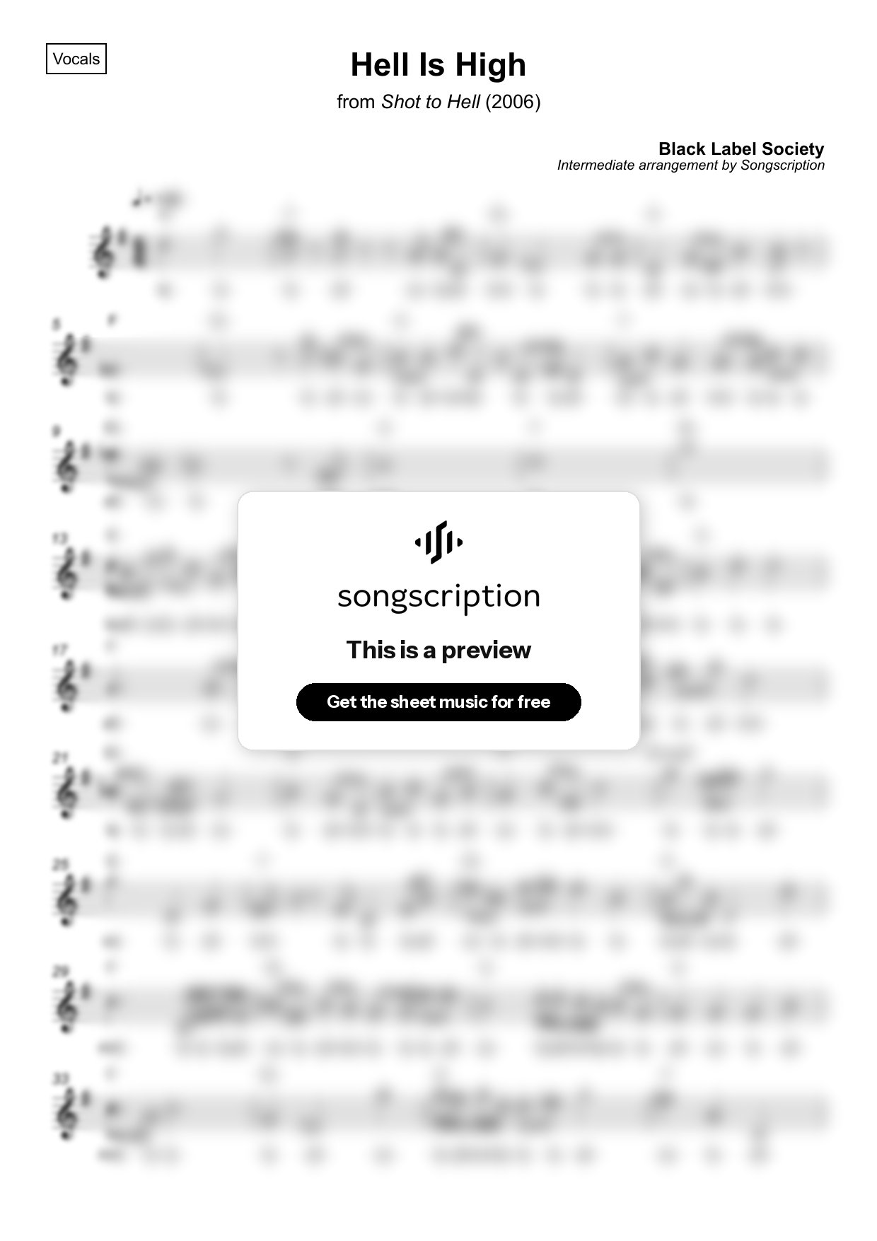 Intermediate Vocals Sheet Music for "Hell Is High" by Black Label Society