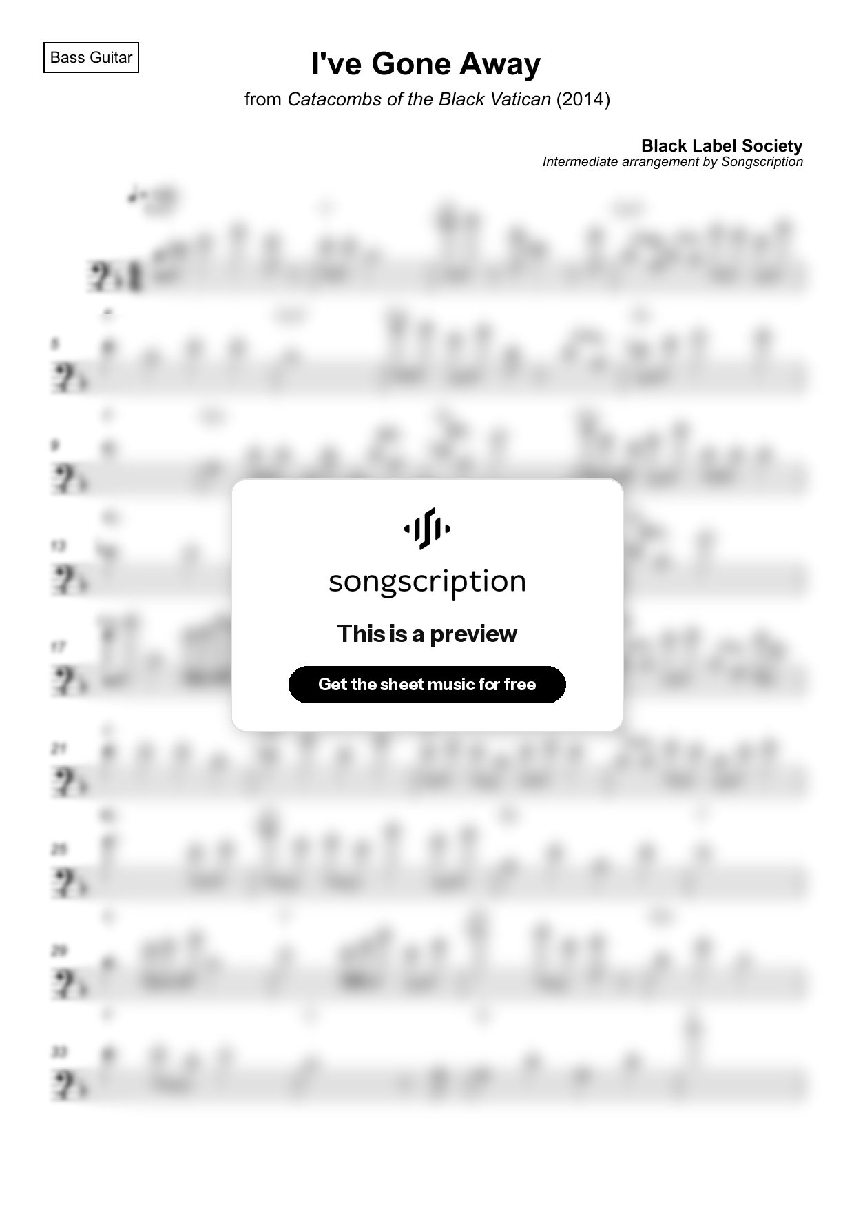 Intermediate Bass Guitar Sheet Music for "I've Gone Away" by Black Label Society