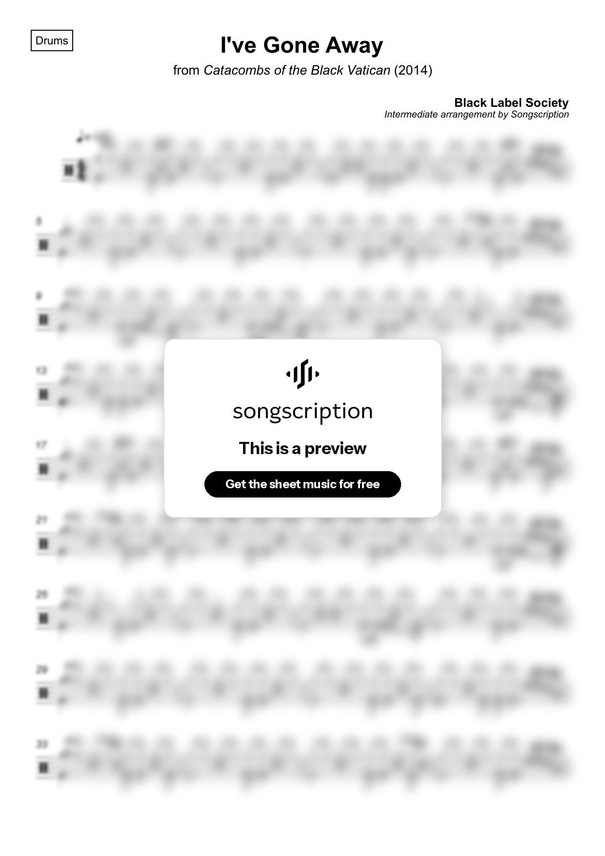 Intermediate Drums Sheet Music for "I've Gone Away" by Black Label Society