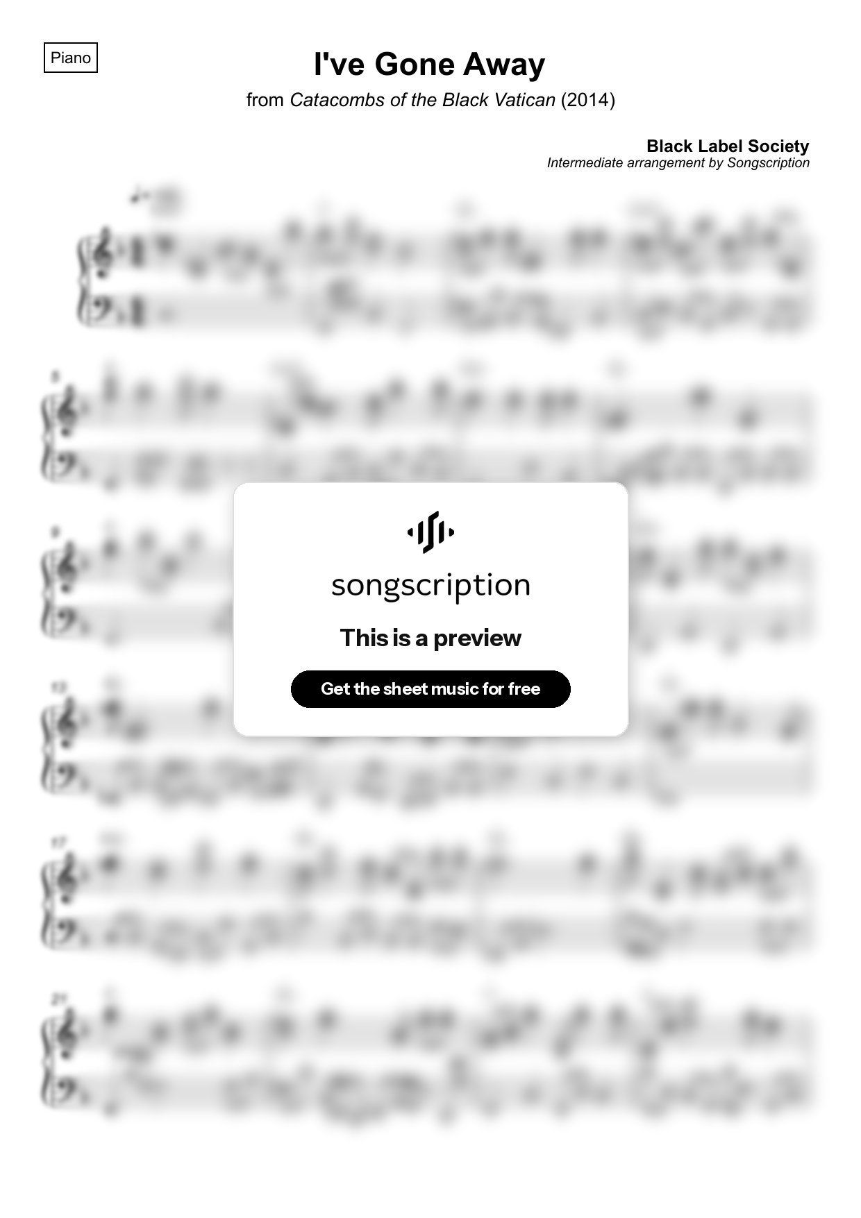 Intermediate Piano Sheet Music for "I've Gone Away" by Black Label Society