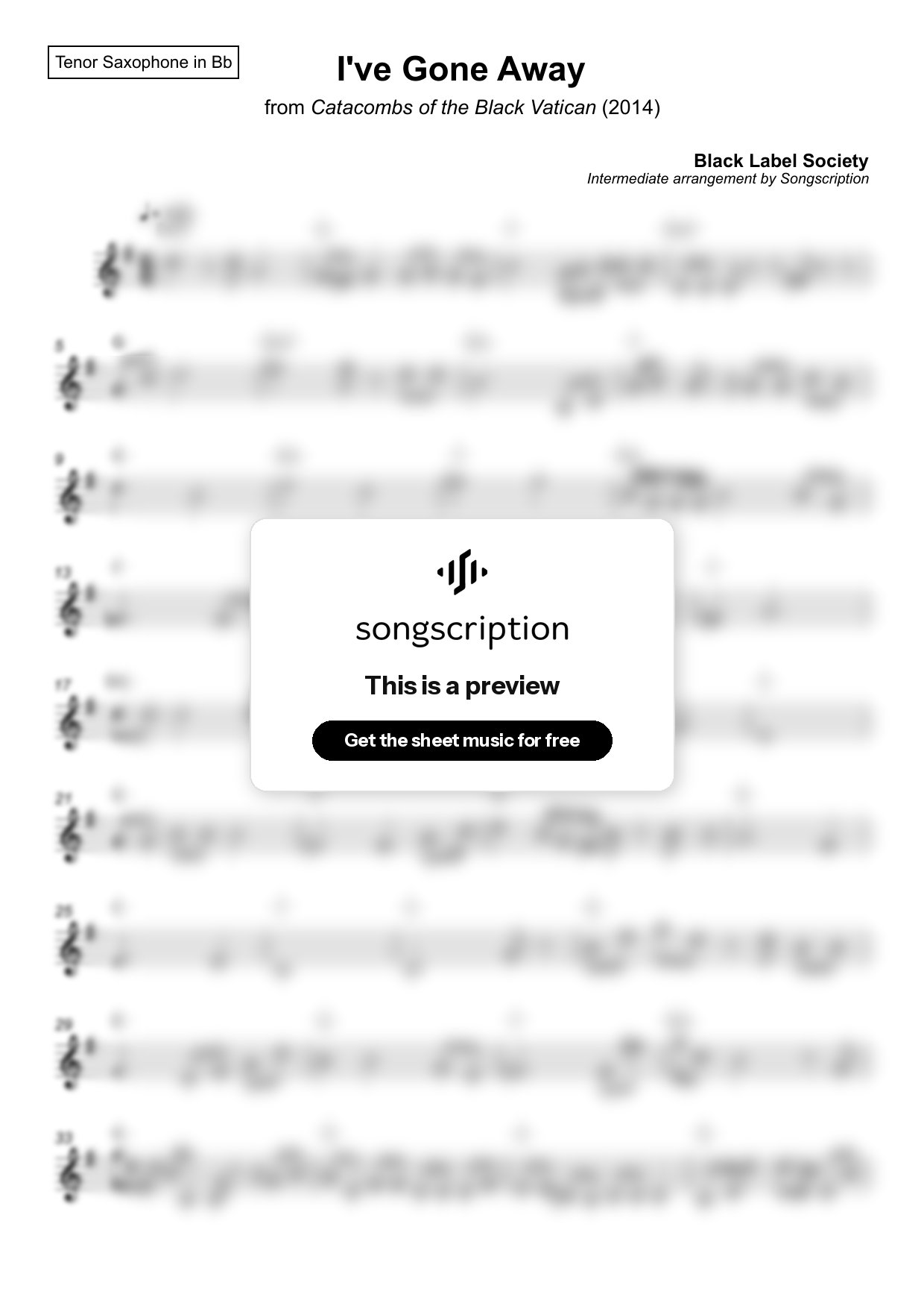 Intermediate Tenor Sax Sheet Music for "I've Gone Away" by Black Label Society