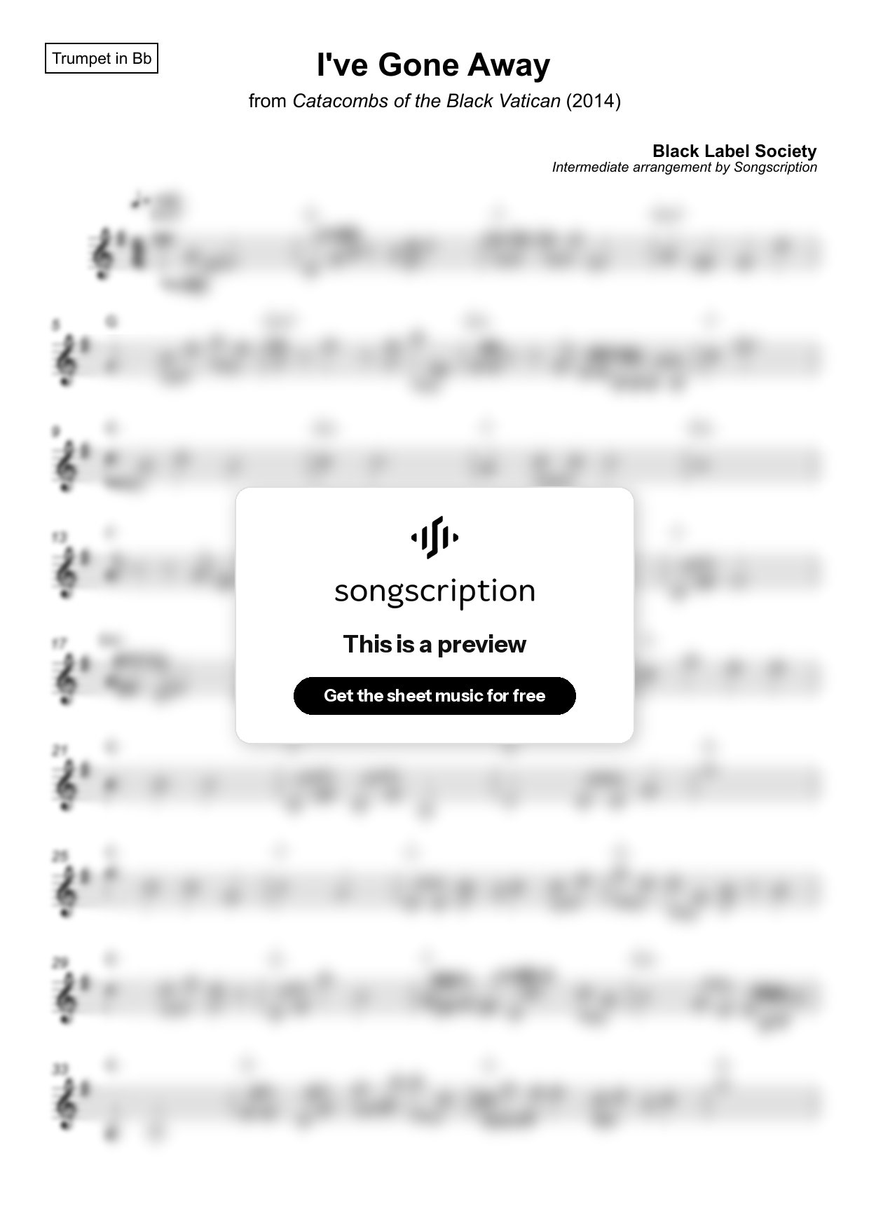 Intermediate Trumpet Sheet Music for "I've Gone Away" by Black Label Society