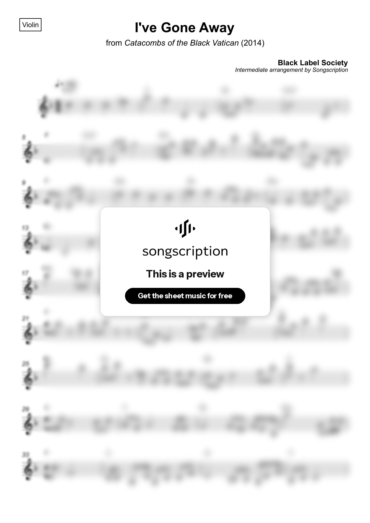 Intermediate Violin Sheet Music for "I've Gone Away" by Black Label Society