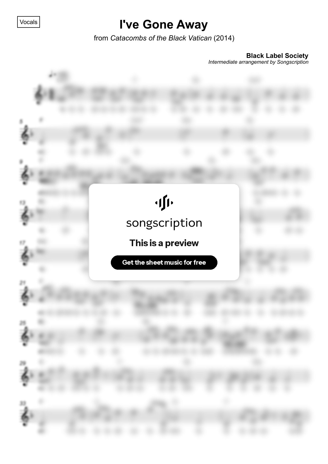 Intermediate Vocals Sheet Music for "I've Gone Away" by Black Label Society
