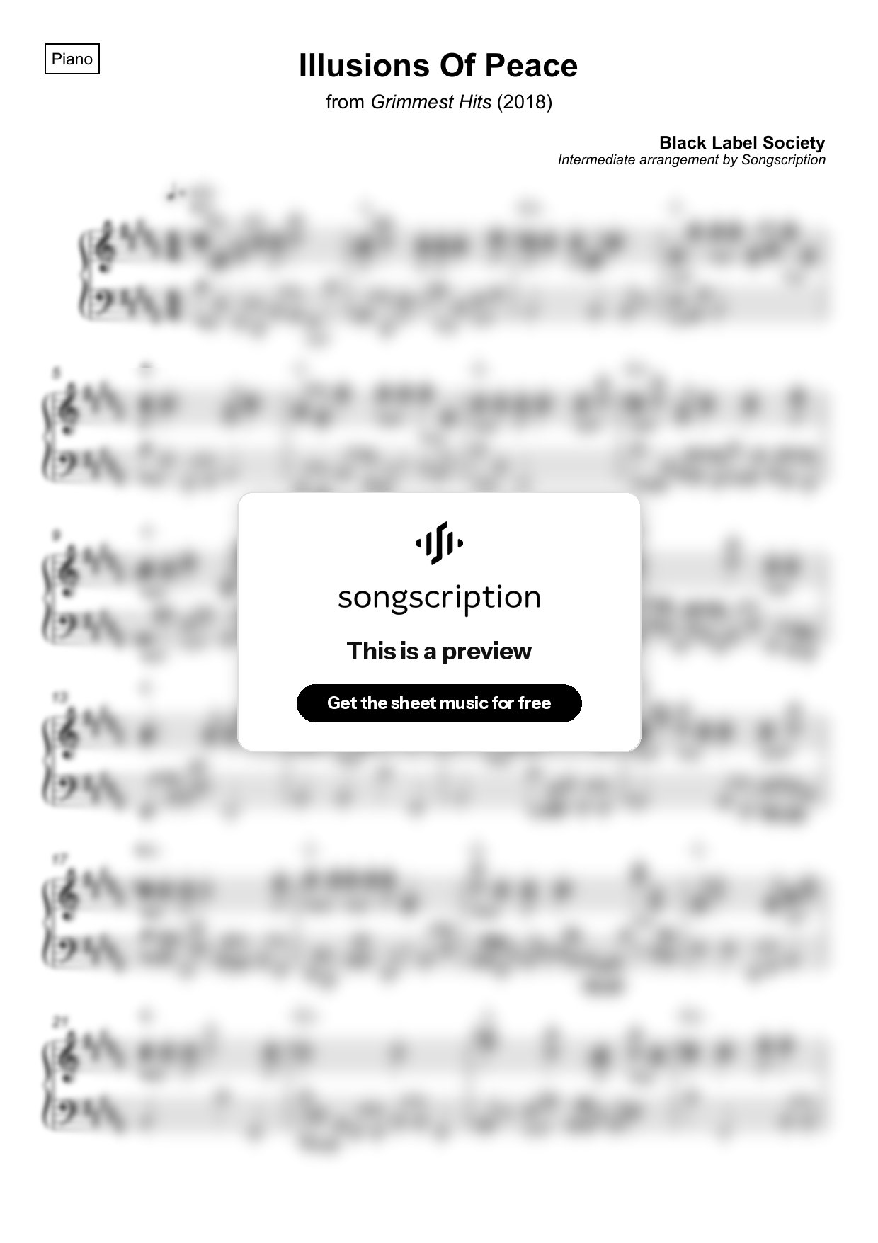 Intermediate Piano Sheet Music for "Illusions Of Peace" by Black Label Society