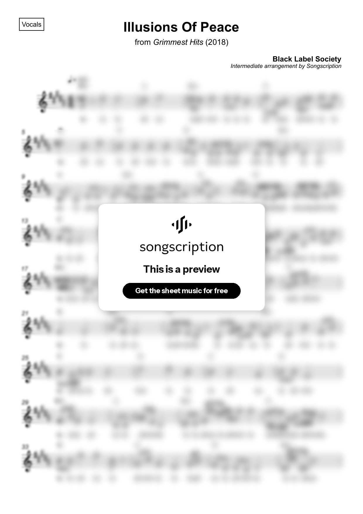 Intermediate Vocals Sheet Music for "Illusions Of Peace" by Black Label Society