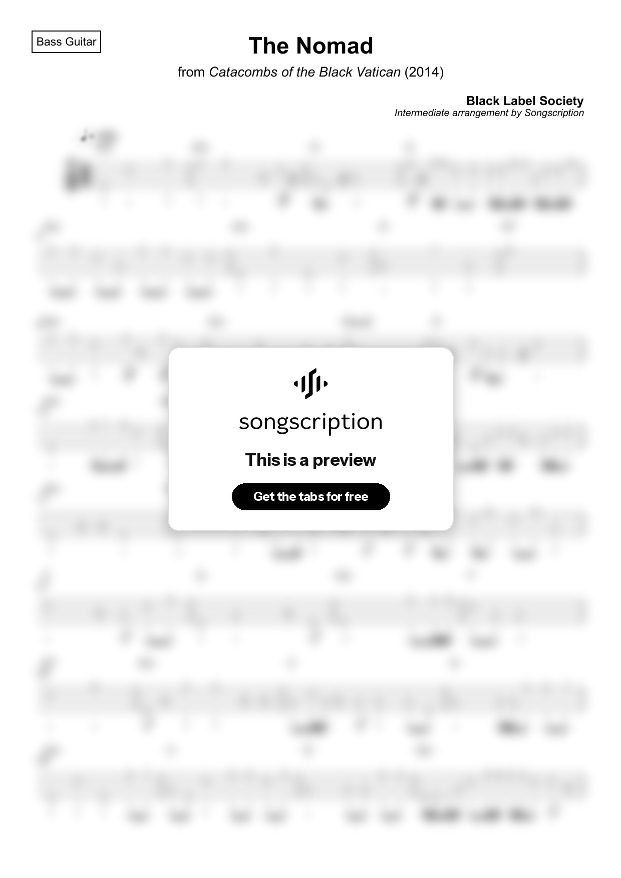Intermediate Bass Guitar Tabs for "The Nomad" by Black Label Society