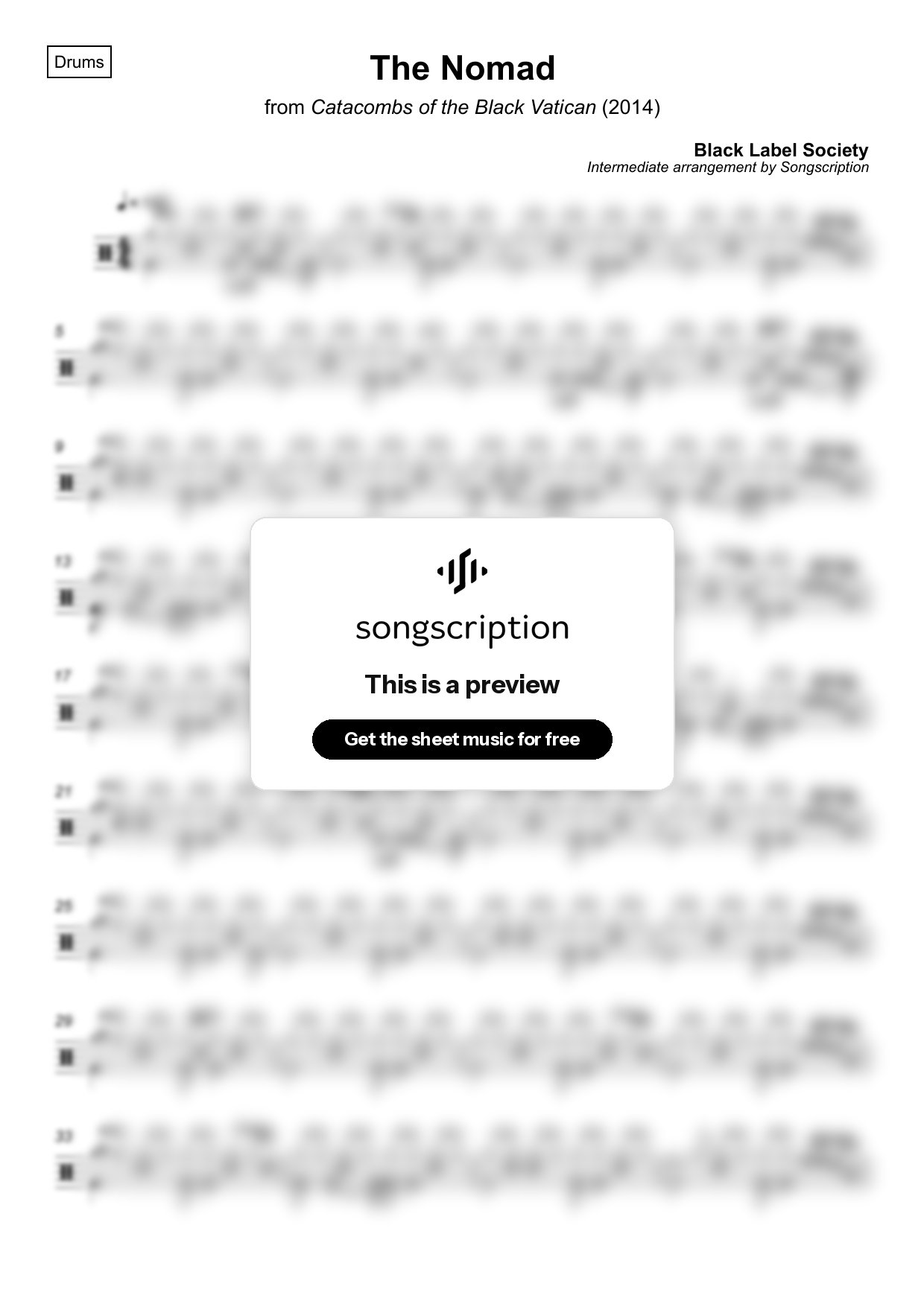 Intermediate Drums Sheet Music for "The Nomad" by Black Label Society