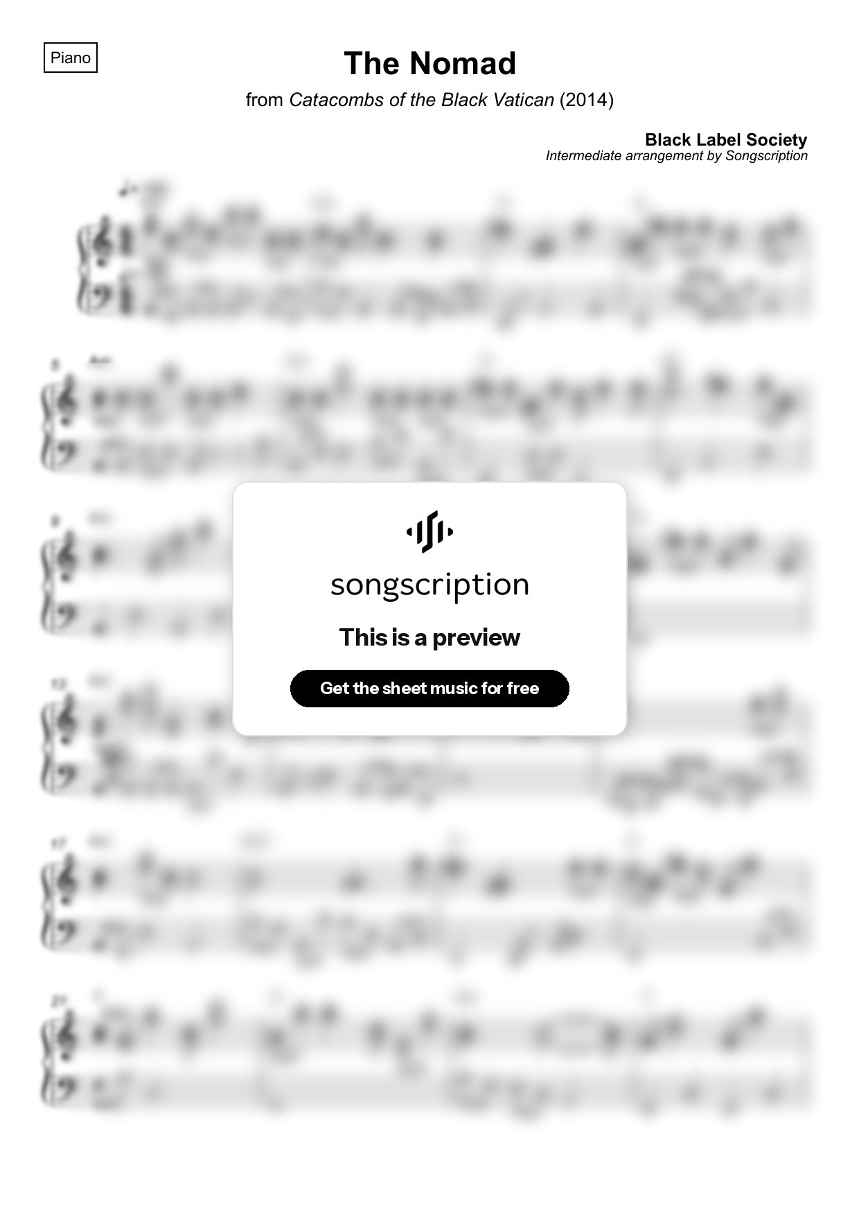 Intermediate Piano Sheet Music for "The Nomad" by Black Label Society