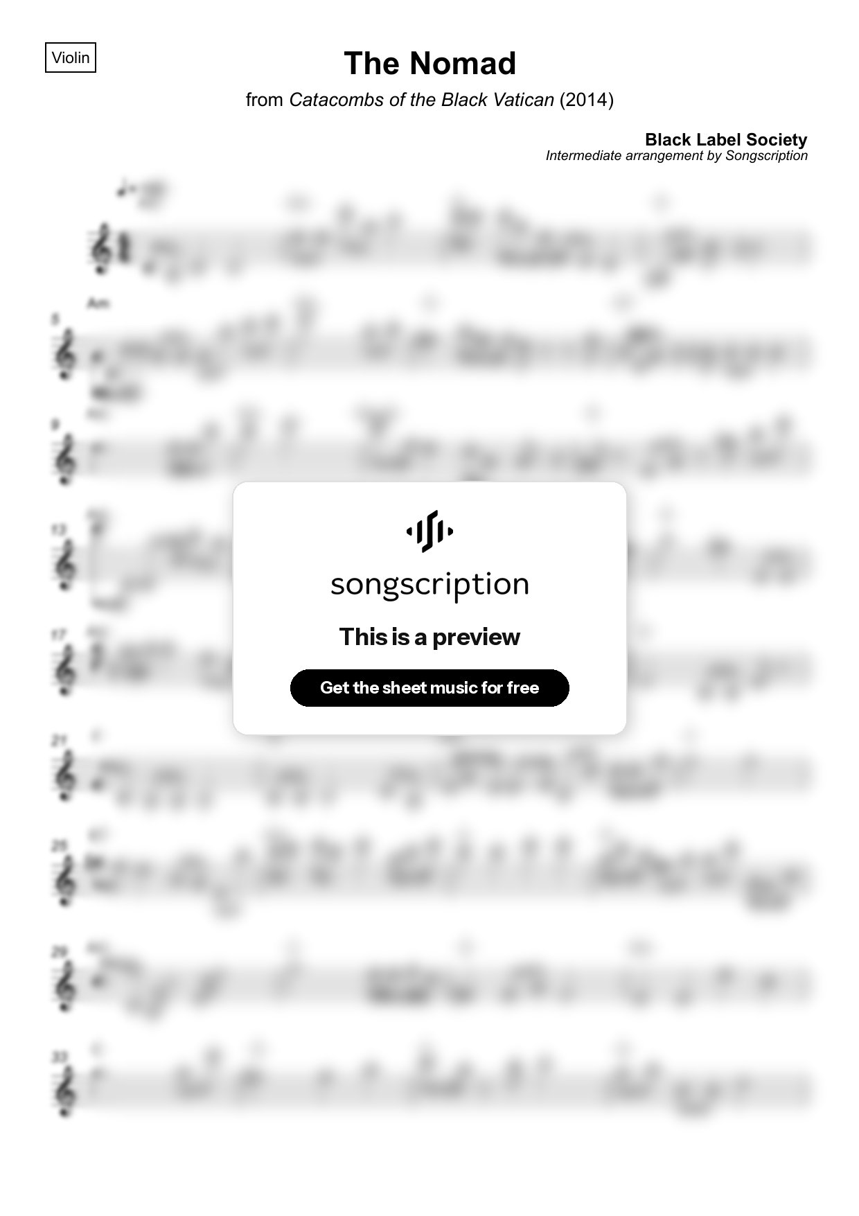 Intermediate Violin Sheet Music for "The Nomad" by Black Label Society