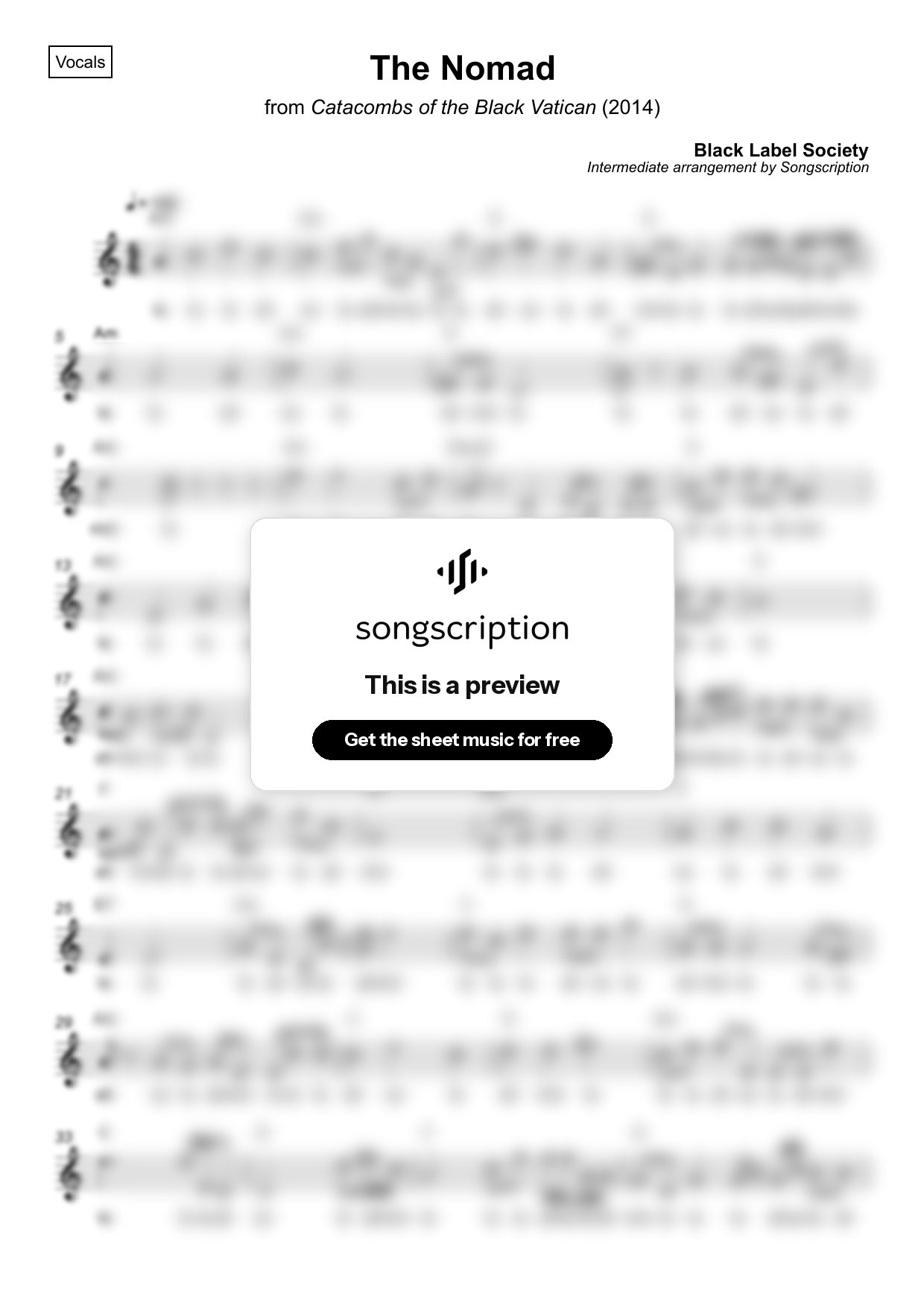 Intermediate Vocals Sheet Music for "The Nomad" by Black Label Society