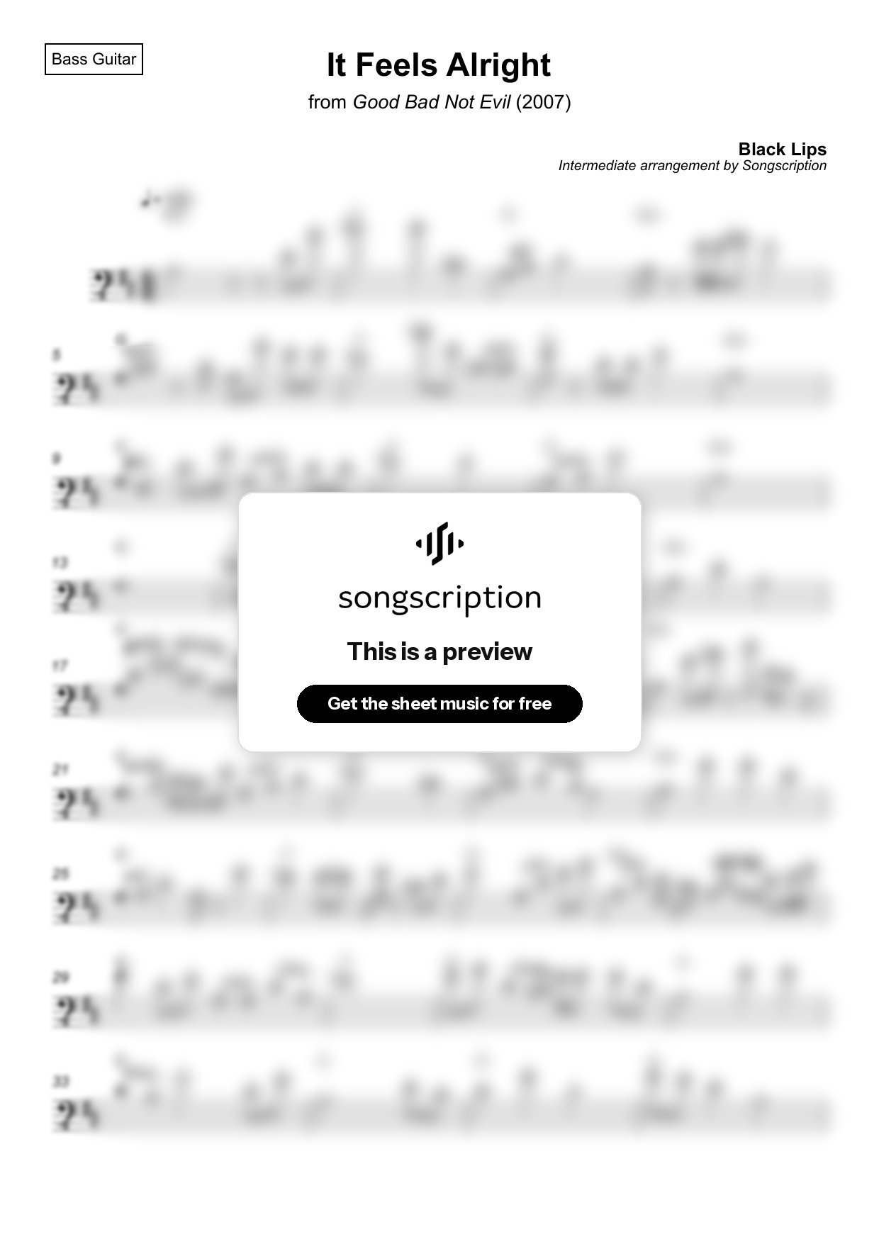 Intermediate Bass Guitar Sheet Music for "It Feels Alright" by Black Lips