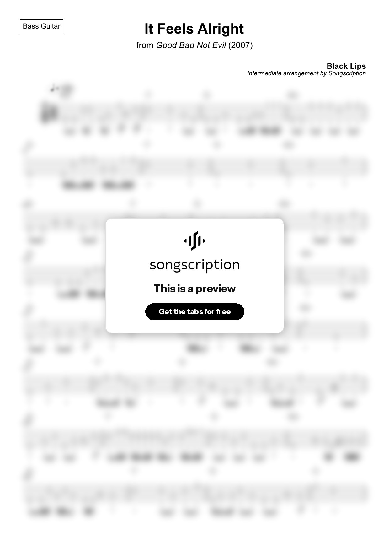 Intermediate Bass Guitar Tabs for "It Feels Alright" by Black Lips