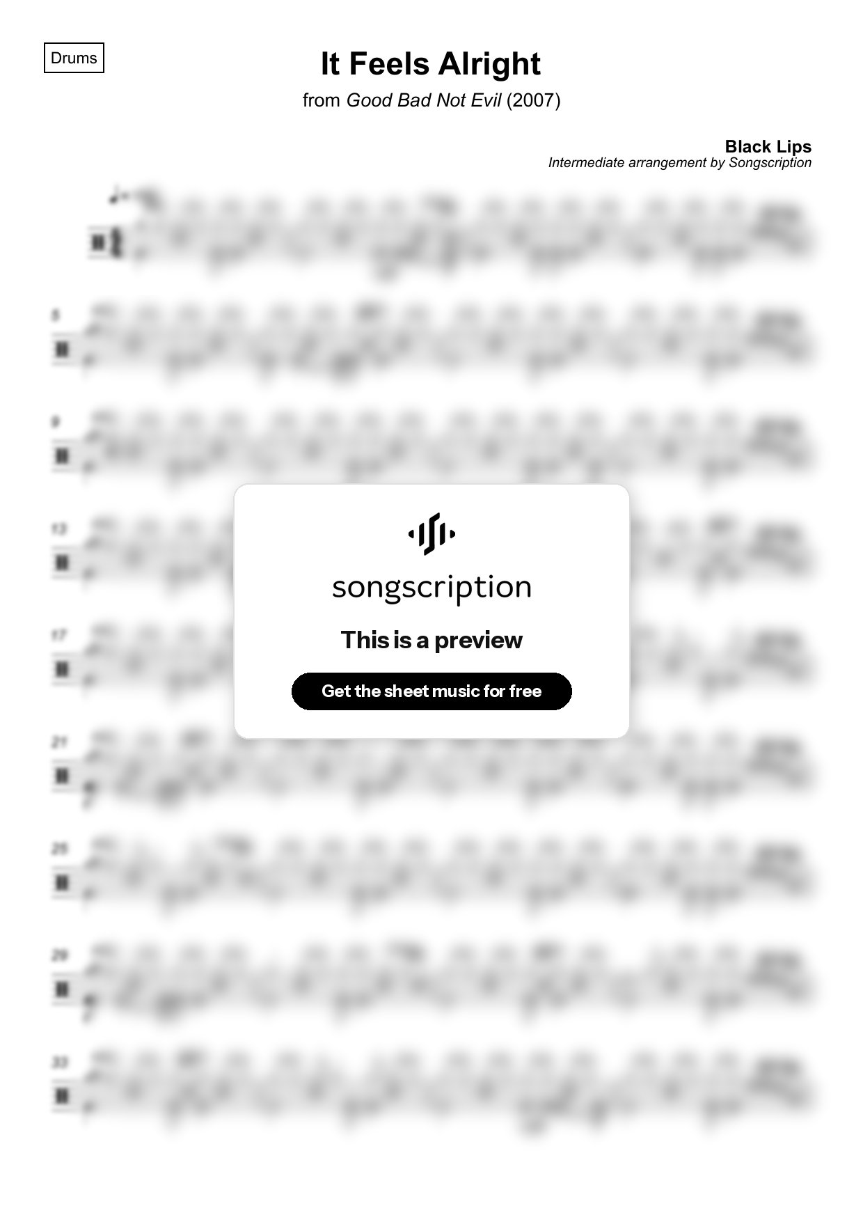 Intermediate Drums Sheet Music for "It Feels Alright" by Black Lips
