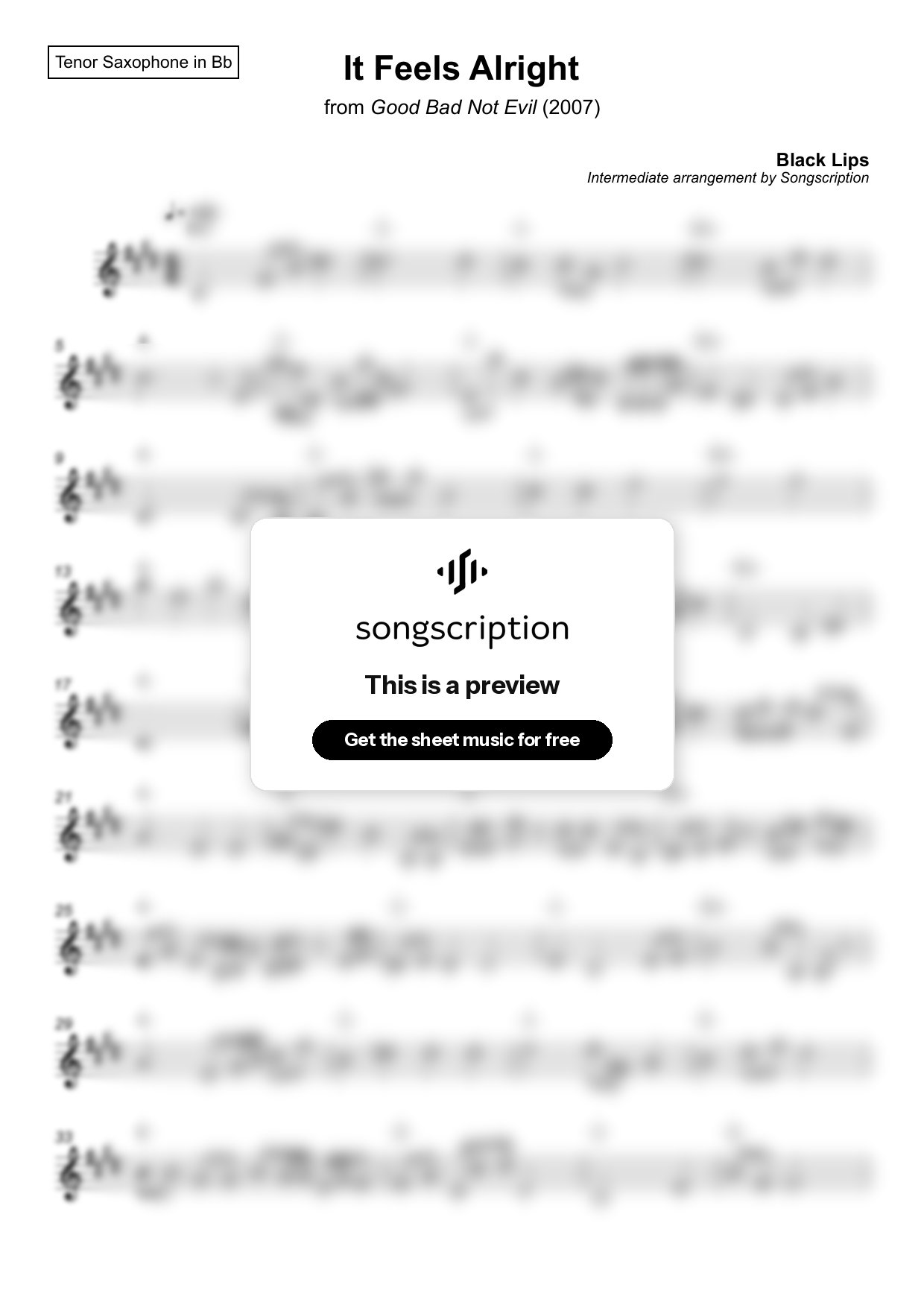 Intermediate Tenor Sax Sheet Music for "It Feels Alright" by Black Lips