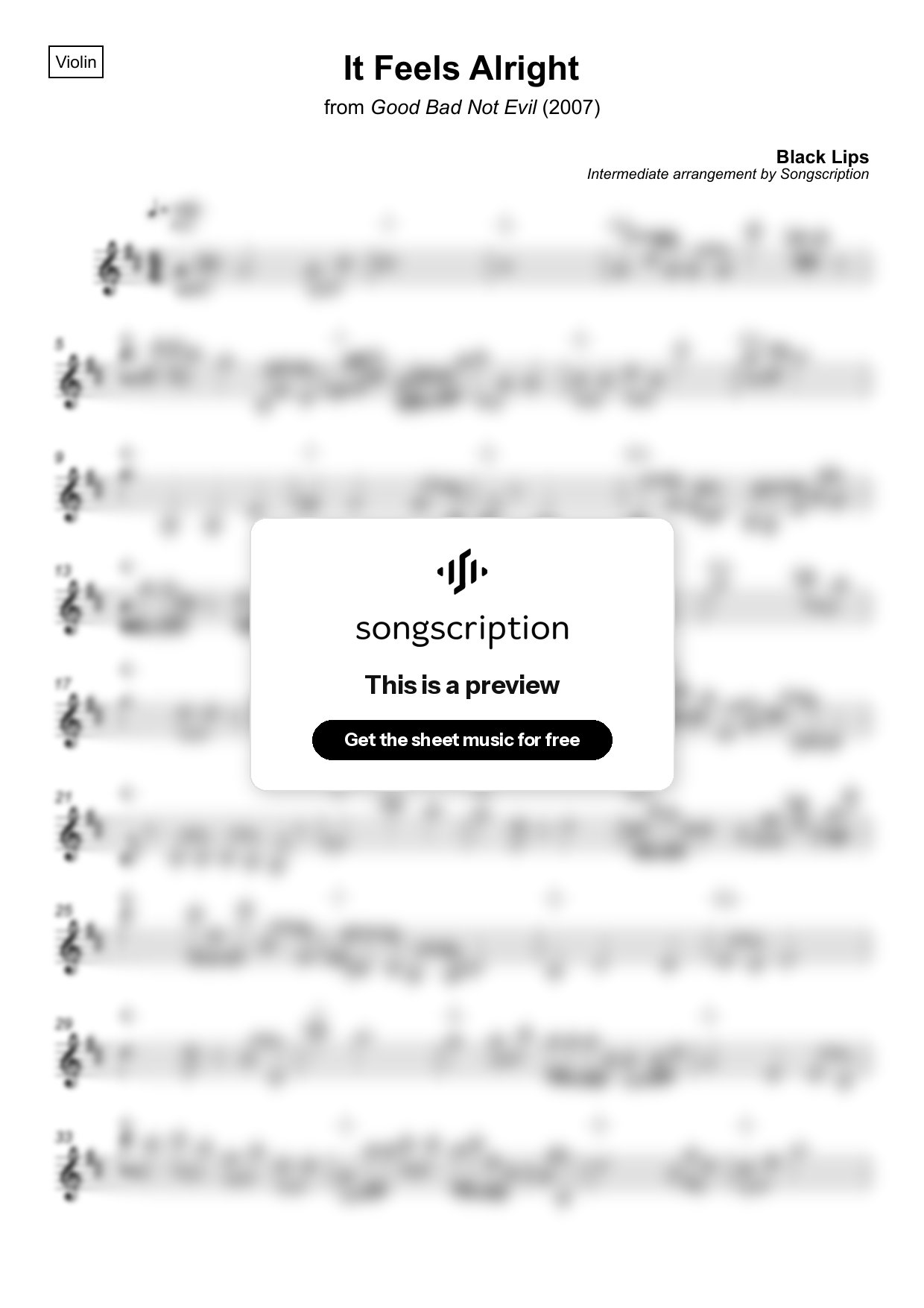 Intermediate Violin Sheet Music for "It Feels Alright" by Black Lips