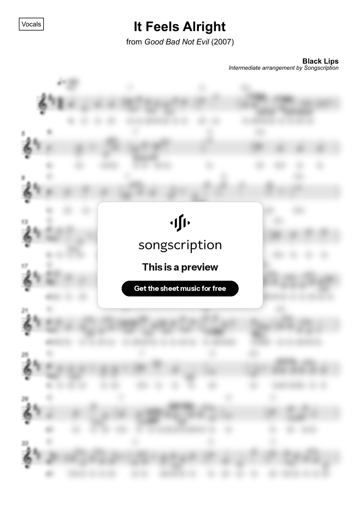 Intermediate Vocals Sheet Music for "It Feels Alright" by Black Lips