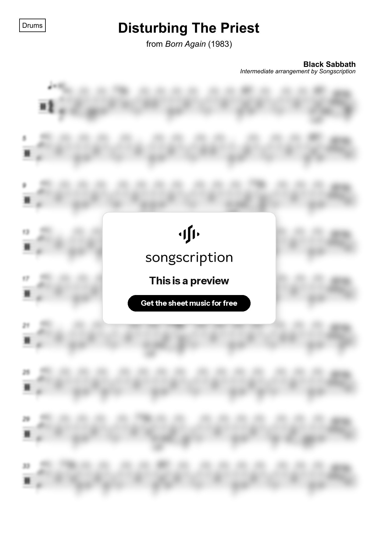 Intermediate Drums Sheet Music for "Disturbing The Priest" by Black Sabbath