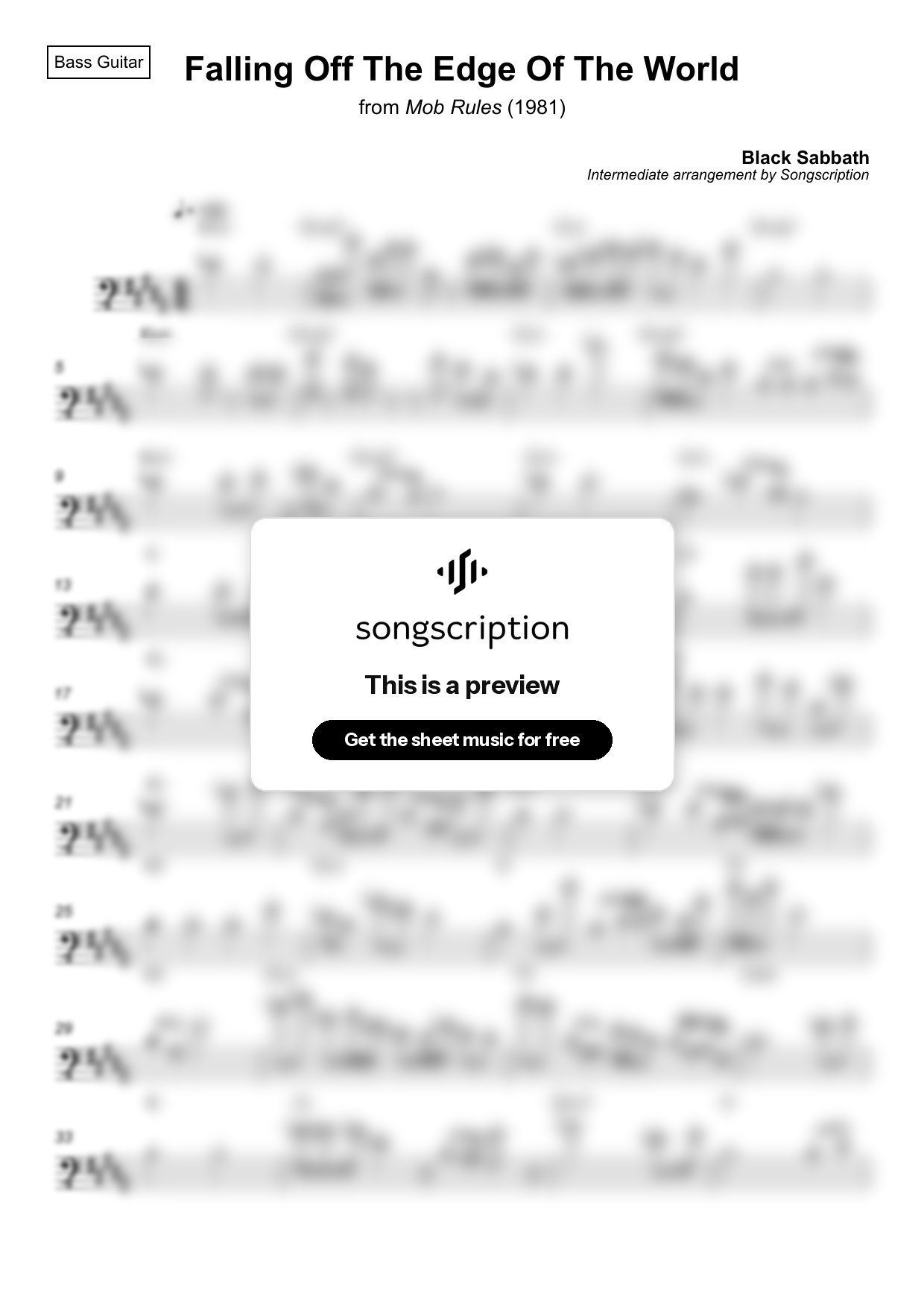 Intermediate Bass Guitar Sheet Music for "Falling Off The Edge Of The World" by Black Sabbath