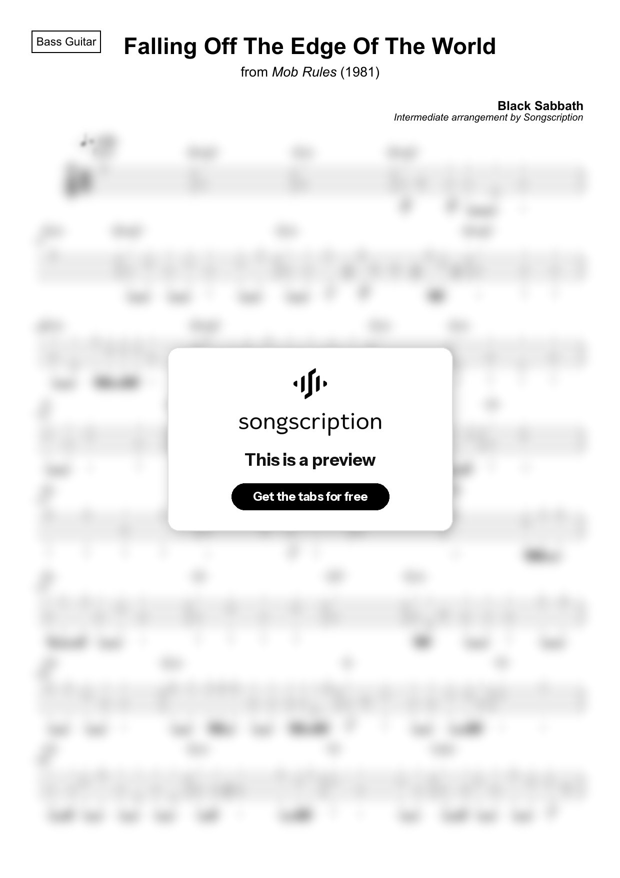 Intermediate Bass Guitar Tabs for "Falling Off The Edge Of The World" by Black Sabbath