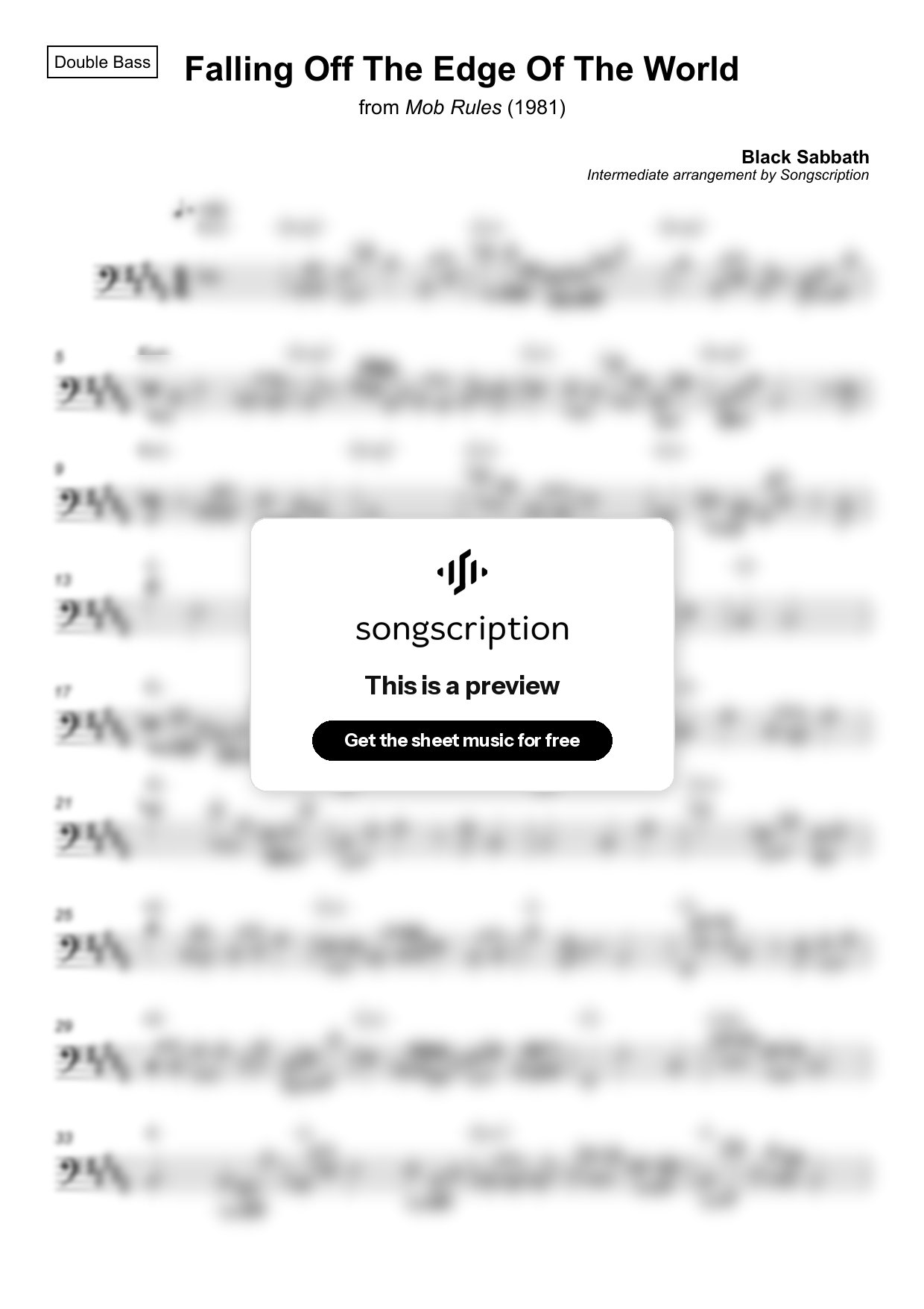 Intermediate Double Bass Sheet Music for "Falling Off The Edge Of The World" by Black Sabbath