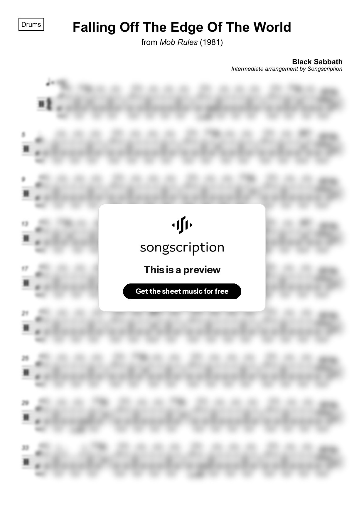 Intermediate Drums Sheet Music for "Falling Off The Edge Of The World" by Black Sabbath