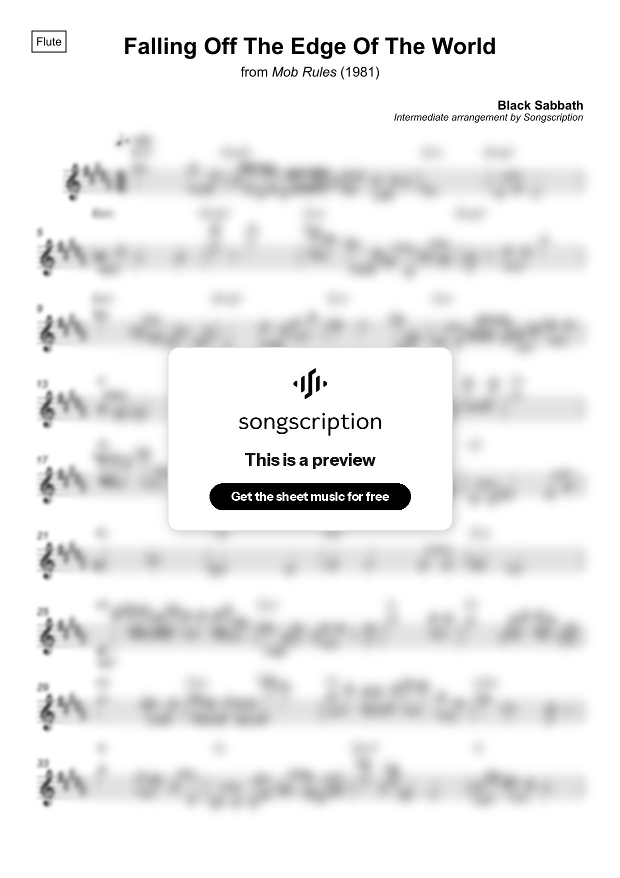 Intermediate Flute Sheet Music for "Falling Off The Edge Of The World" by Black Sabbath