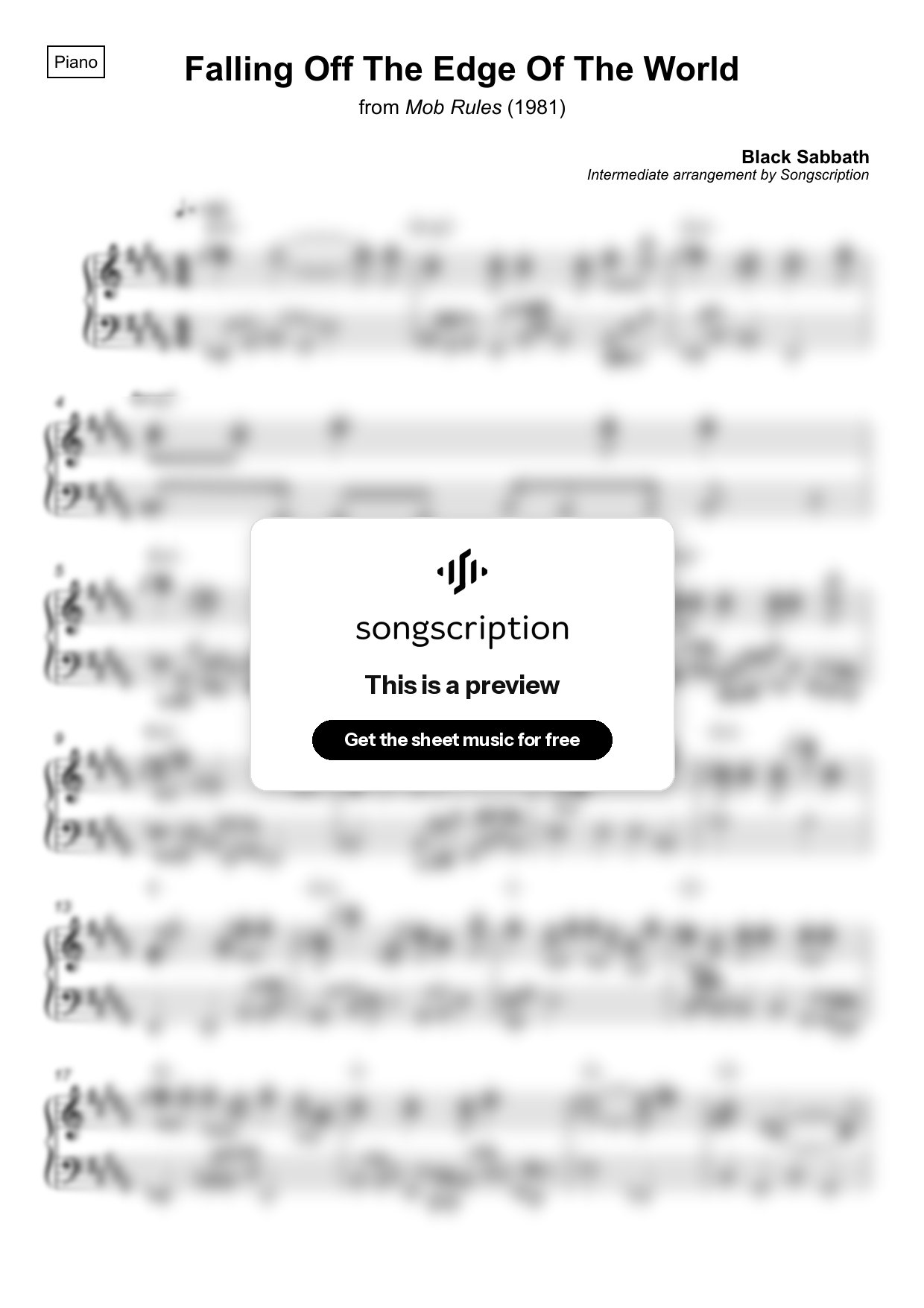 Intermediate Piano Sheet Music for "Falling Off The Edge Of The World" by Black Sabbath
