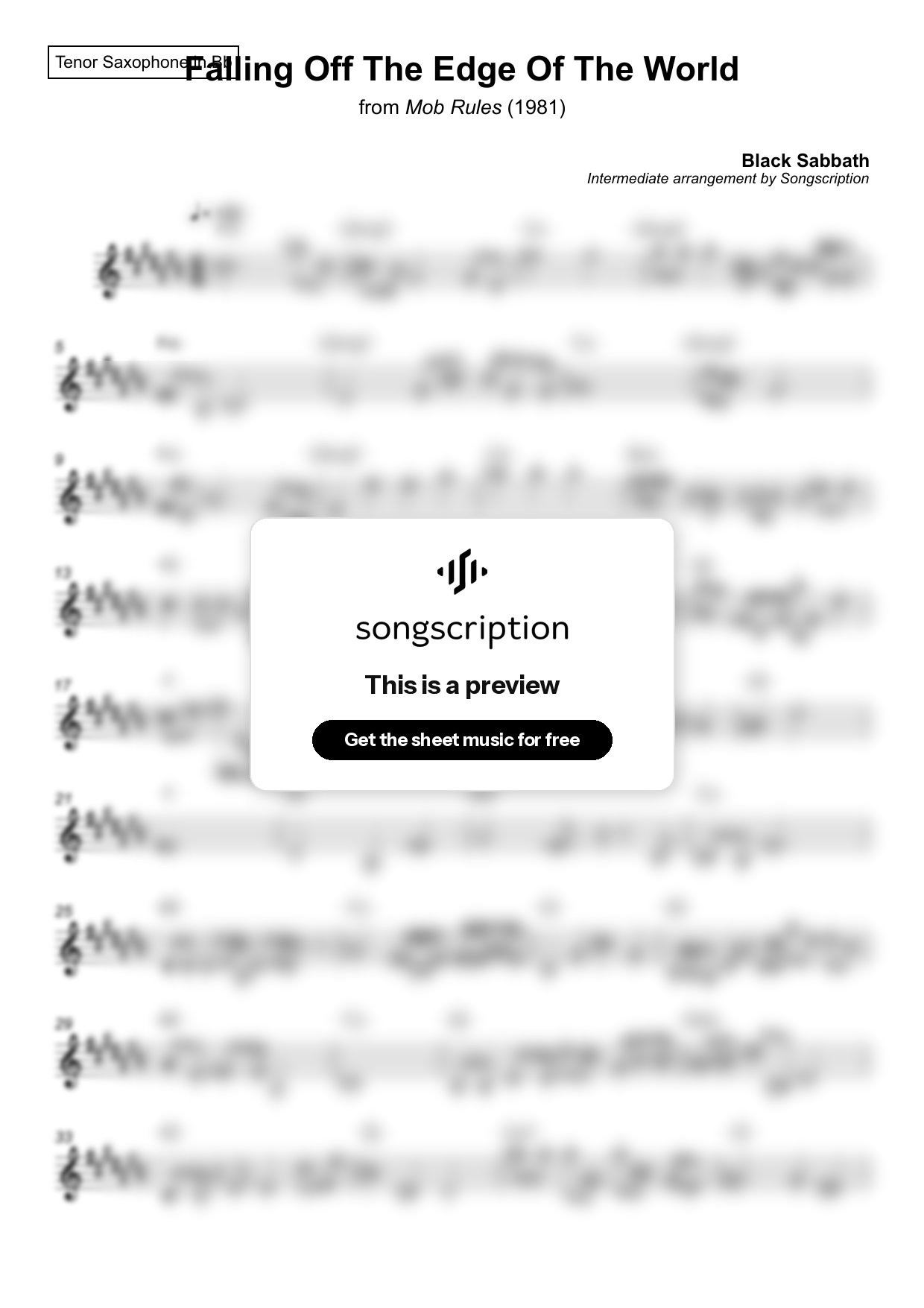 Intermediate Tenor Sax Sheet Music for "Falling Off The Edge Of The World" by Black Sabbath