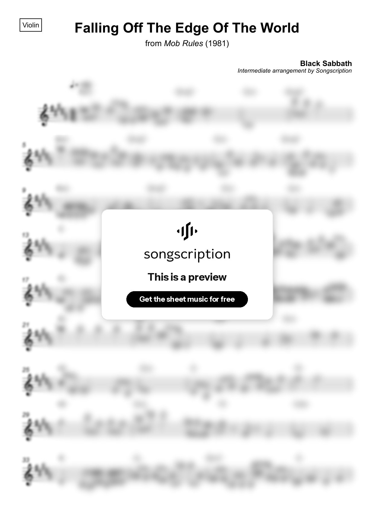 Intermediate Violin Sheet Music for "Falling Off The Edge Of The World" by Black Sabbath