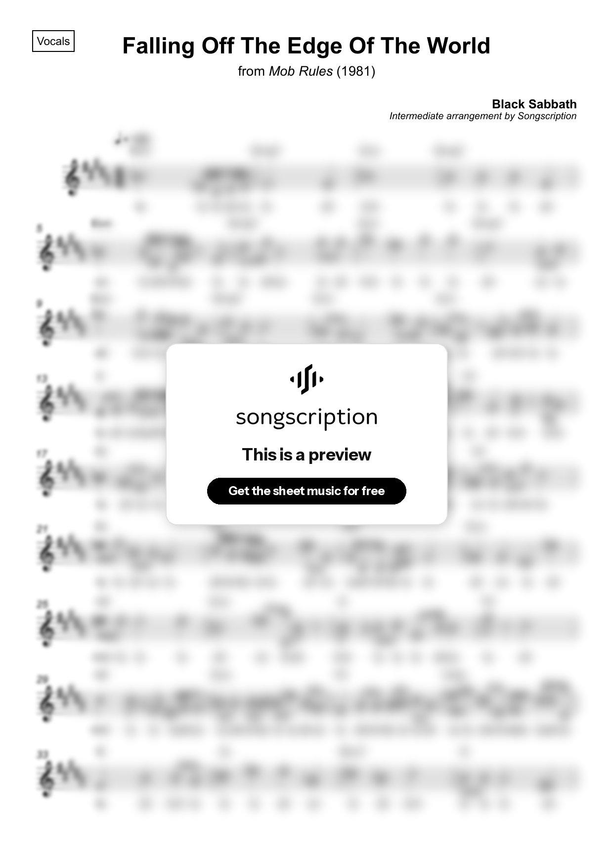 Intermediate Vocals Sheet Music for "Falling Off The Edge Of The World" by Black Sabbath