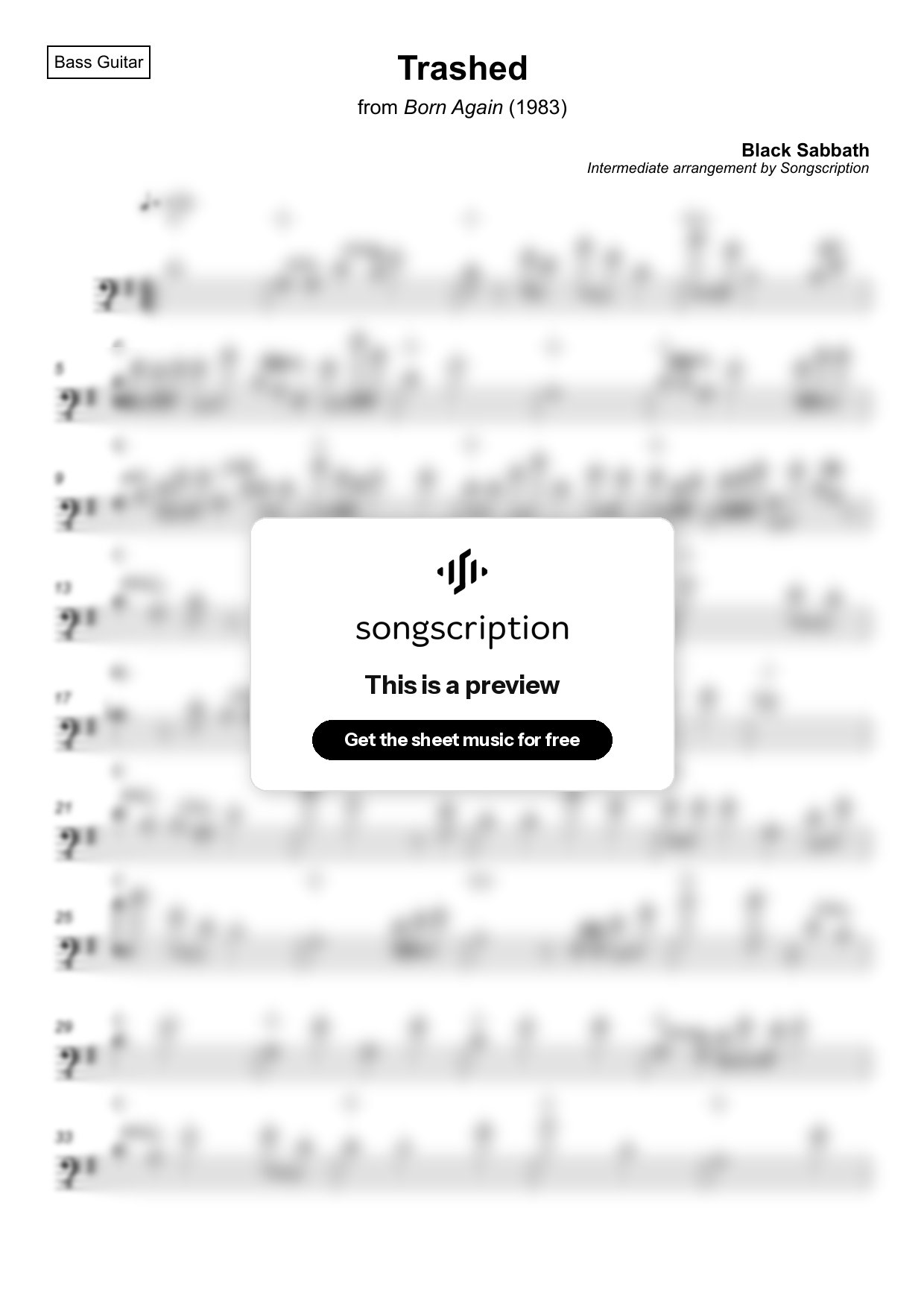 Intermediate Bass Guitar Sheet Music for "Trashed" by Black Sabbath