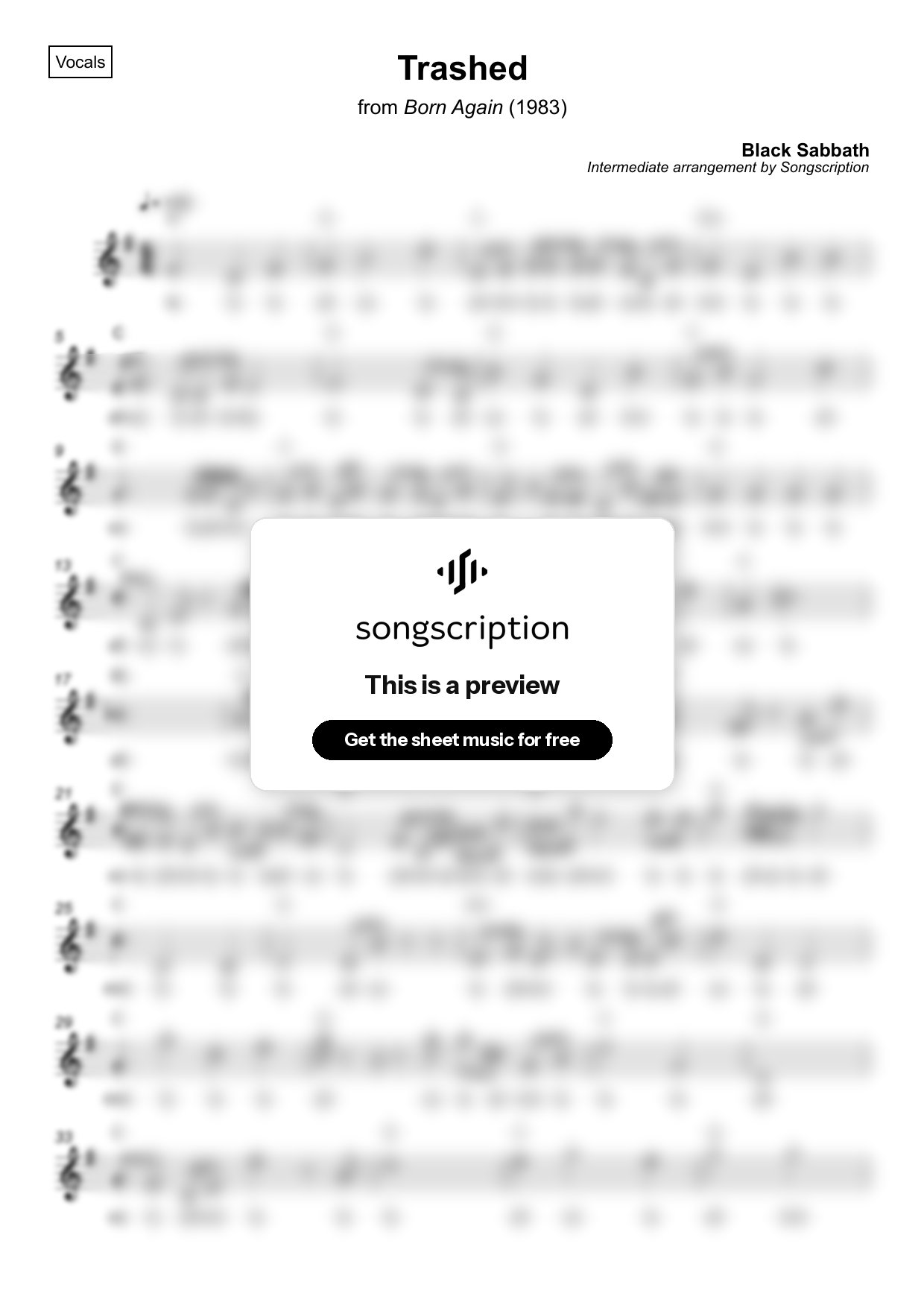 Intermediate Vocals Sheet Music for "Trashed" by Black Sabbath