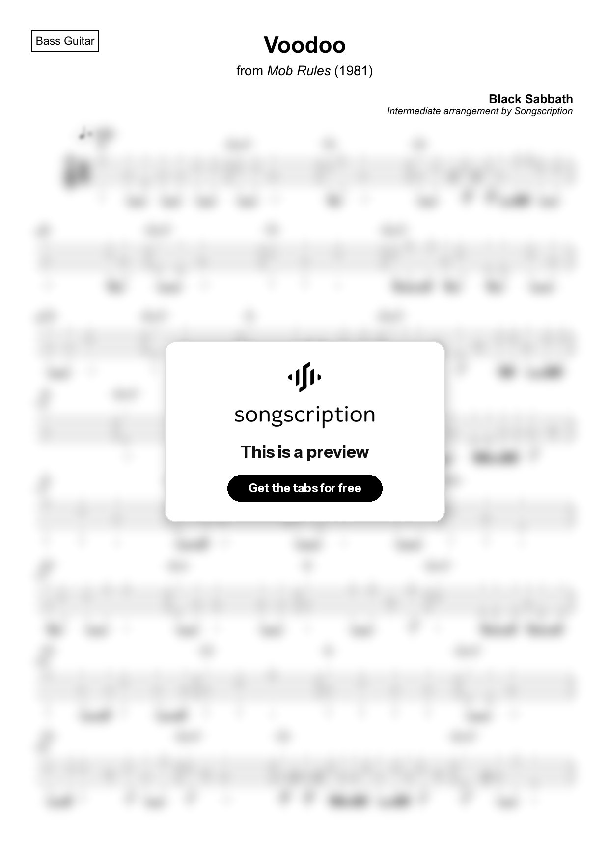 Intermediate Bass Guitar Tabs for "Voodoo" by Black Sabbath