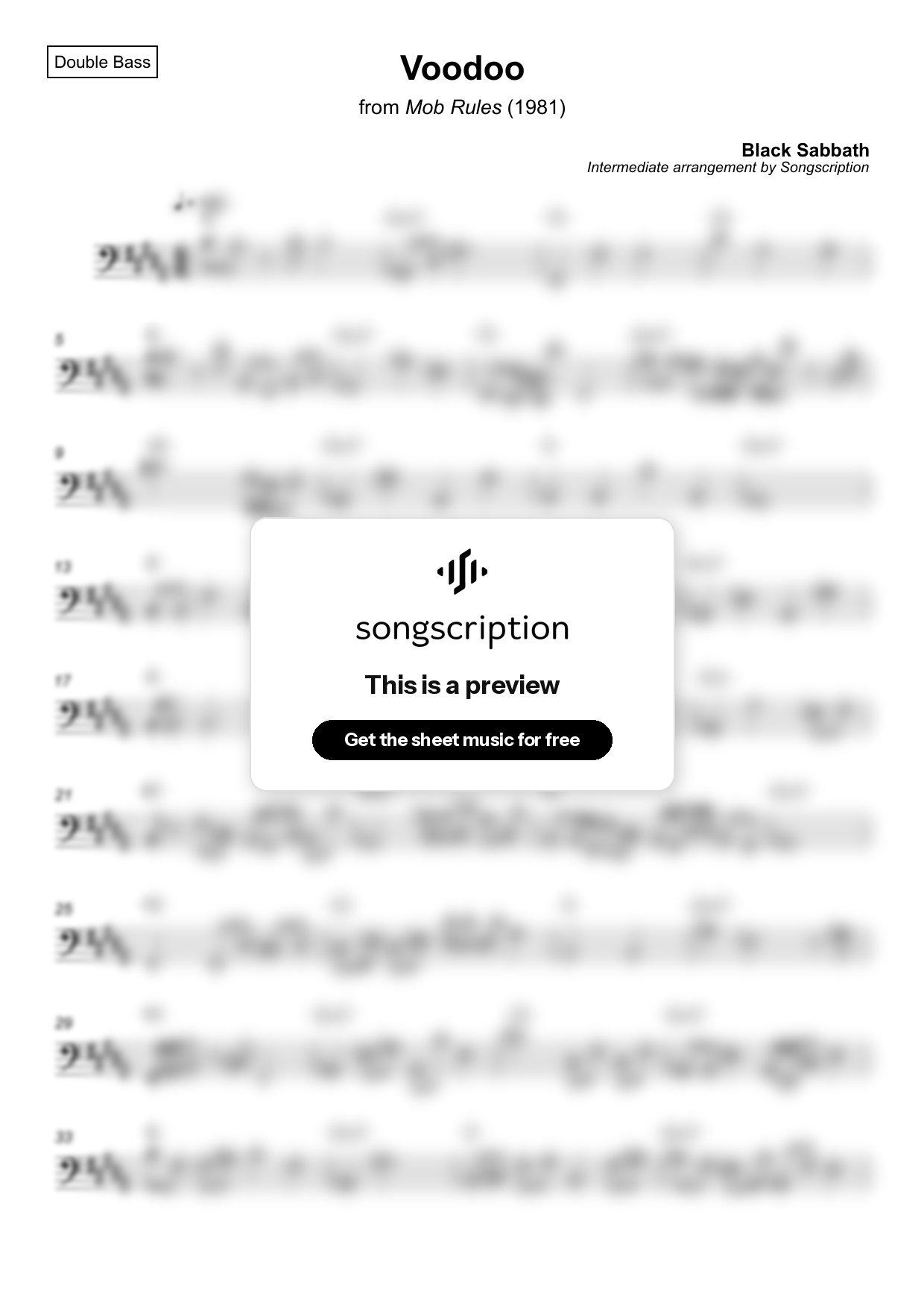 Intermediate Double Bass Sheet Music for "Voodoo" by Black Sabbath